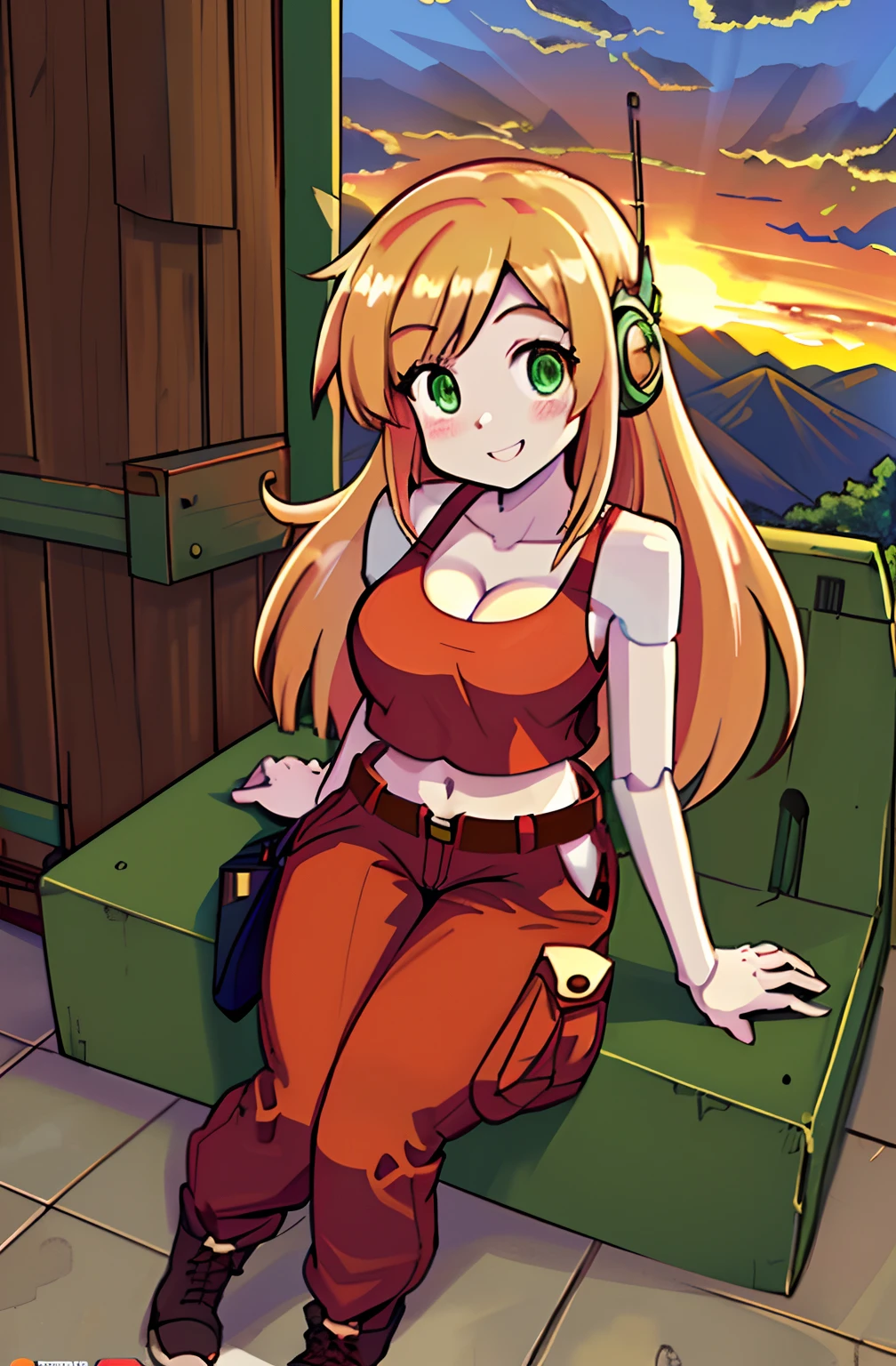 [curly brace], [uploaded to e621.net: (wamudraws), (napalm_express)], ((masterpiece)), ((full body)), ((bird's-eye view)), ((solo portrait)), ((cute)), ((High definition)), ((anime)), ((detailed shading)), ((beautiful render art)), {android; (white robotic skin), (blushy cheeks), cute green eyes, long blonde hair, short eyelashes, (cute smile), (white teeth), (curvaceous hips)}, {(red tank top), (midriff), (cleavage), (red baggy cargo pants), (brown combat boots), (green antenna on ears)}, {(sitting on wall), (looking at viewer)}, [Background; (mountains), (cloudy), (sunset), (orange sky), (sun rays)]