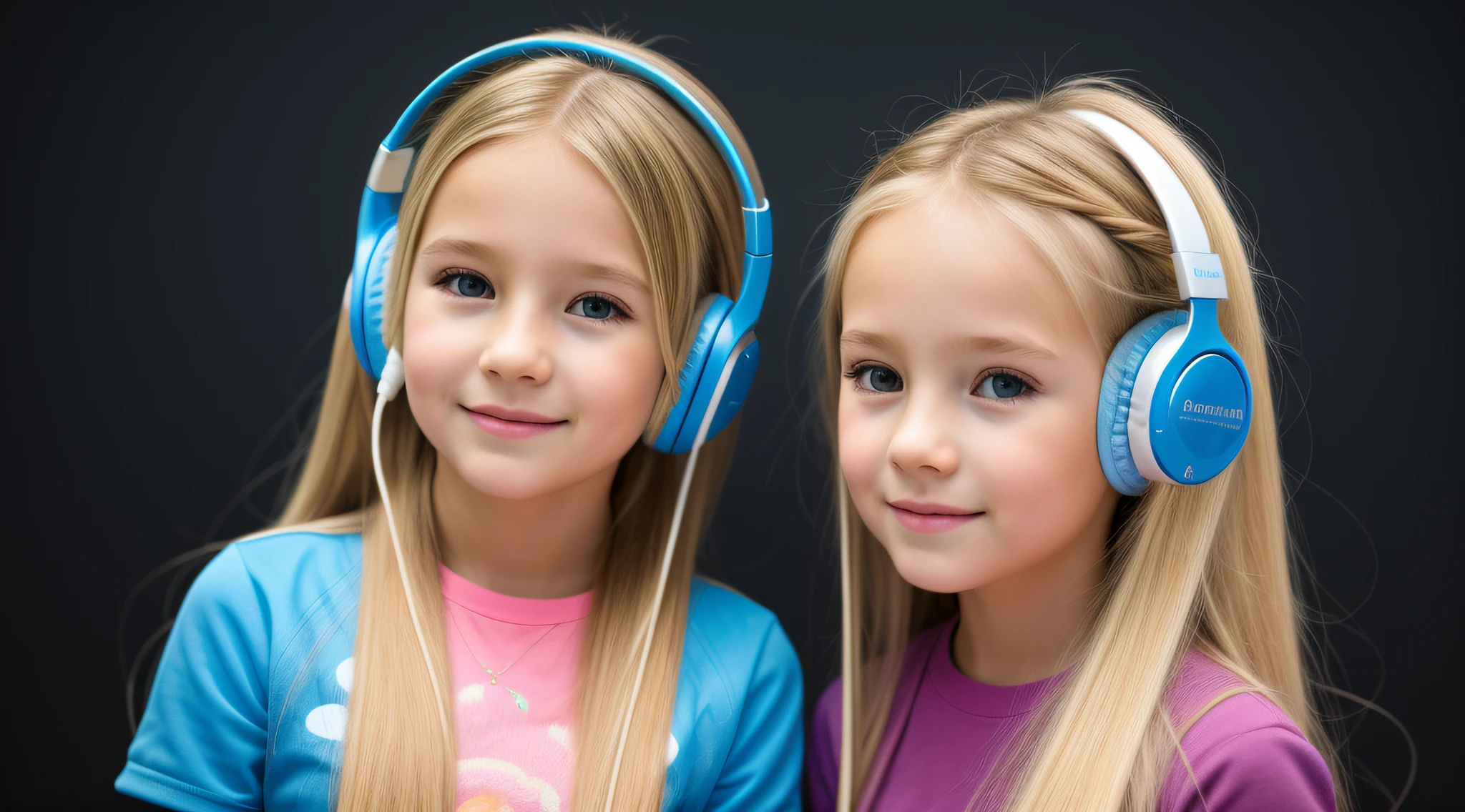  girls, BLONDE LONG HAIR , BACKGROUND AZUL PETROLEO,  HEADPHONE.