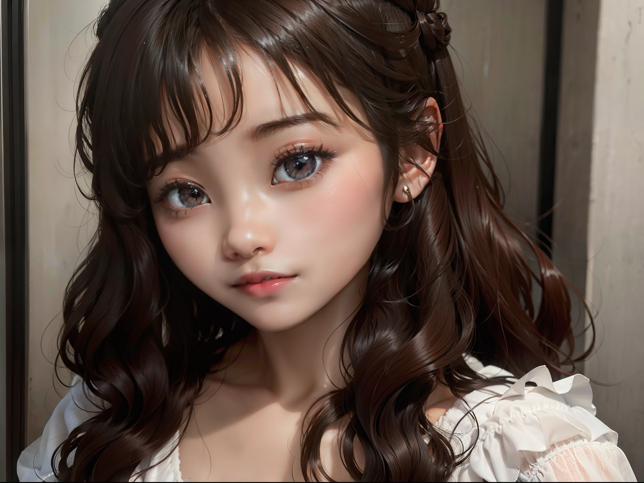 A close up of a young woman with long hair and a white blouse - SeaArt AI