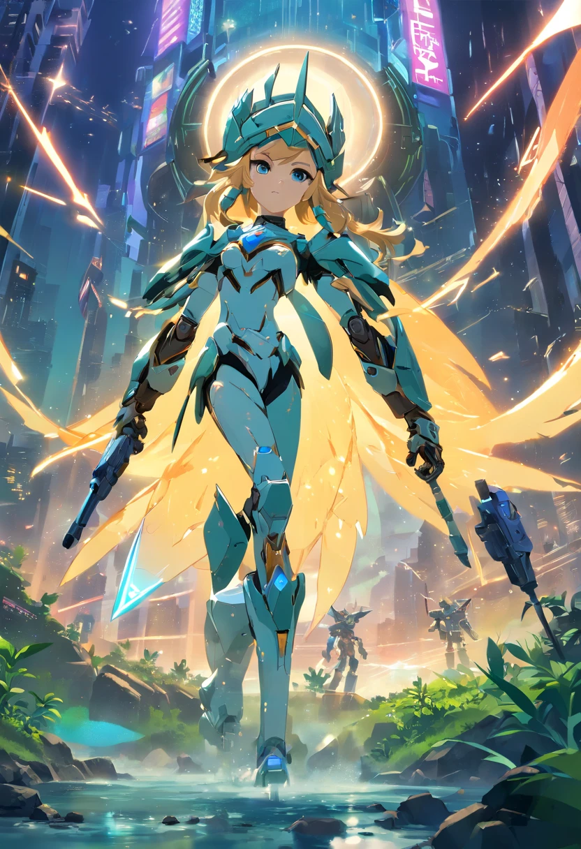 uma mulher, terno mecha branco + Black armor with silver pieces, Longas, cabelos curtos dourados, cabelo com franja na frente dos olhos, helmet on the head, olhos azuis cintilantes, Looking at the Viewer, ((( pose interagindo e inclinando-se [ em um objeto | sobre algo no ambiente]))), masmorra destra, with machines, robots, puppy, surreal, tenso, hot, altamente detalhado, claro, prOfissional, 8k UHD, Twilight, filme, Escuro, violento, Ao ar livre , Rio, Buttle, Dedos bem detalhados, Very detailed hand, perfeito_Hands,chase, Dramatic, Vivid, Clima tenso, Processado, epics, Twilight, NFFSW, Capas, nevasca, lightnings, desastre, Cachoeira de lava fervente, ((Comprimento total): 1.5). 16k, UHD, best possible quality, ultra detalhado, best possible resolution, Motor Unreal 5, PrOfissional Photography, perfeito_Hands, [princesa_Zelda], ((Zelda_breath_Of_o_selvagem)),