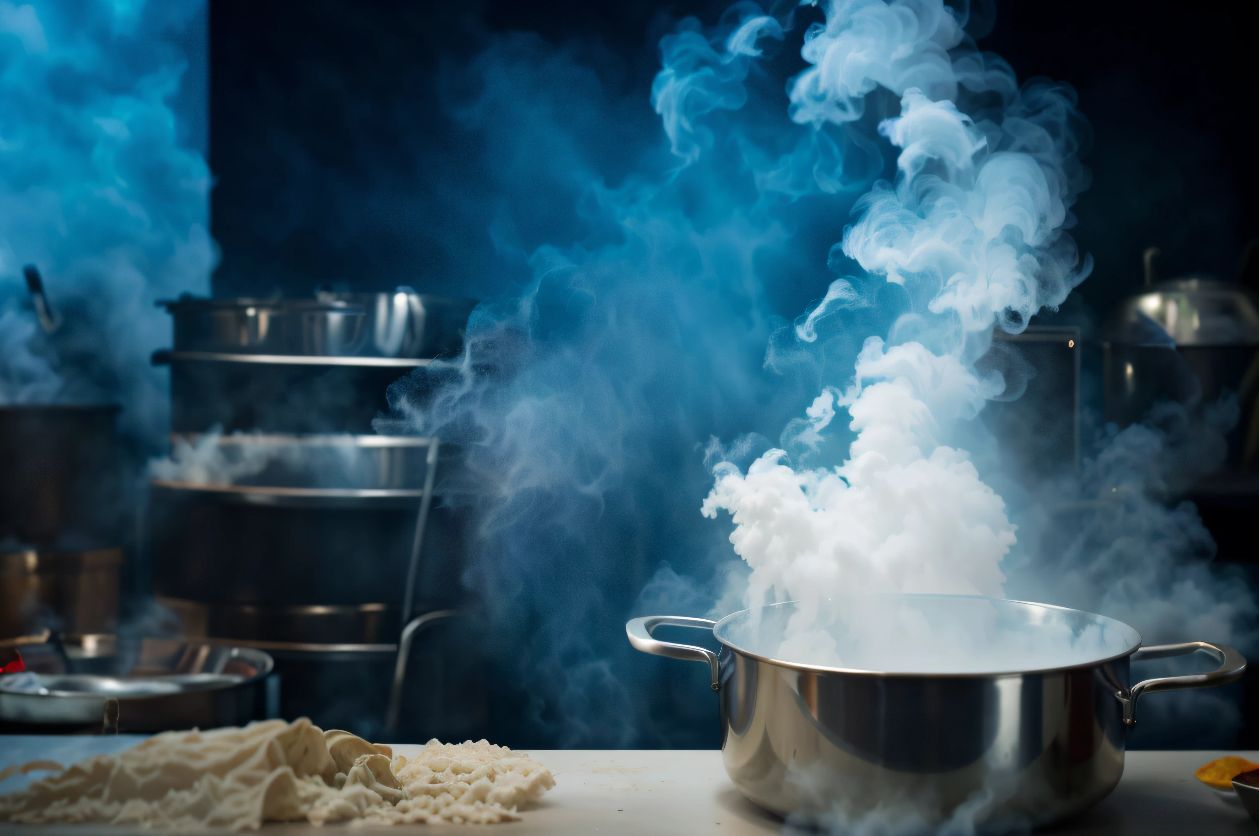 There is a pot with steam on the counter, steaming food on the stove, The smoke boils, Dry Ice, Melt volumetric smoke and fog, boiling imagination in a bowl, Smoke and volumetric fog, Boiling, Cooking, cooking show, Billowing steam and smoke, viscous smoke, Lean smoke and volumetric fog, cooking it up