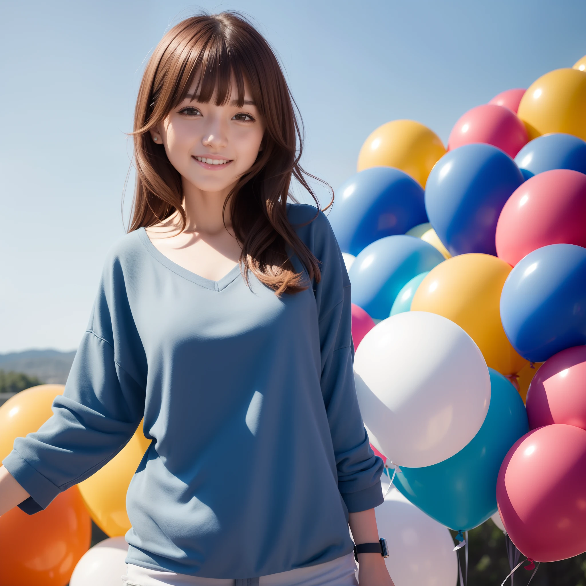 masutepiece, Super Detail, High quality, awardwinning, 8K, Balloons, various colors, girl, Solo, Brown hair, Medium Hair, Bangs, Smile, Closed mouth, Casual fashion in bright colors, Anatomically correct, Blue Sky Background, Cinematic lighting