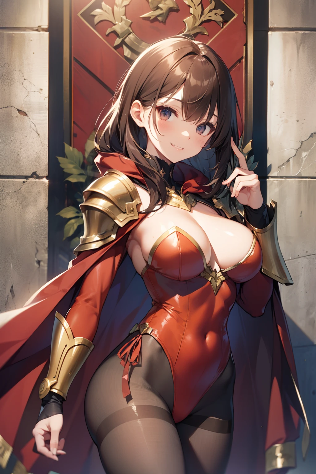 top-quality、Full limbs、complete fingers、Slender beauty、straight haired、Brown hair、(Red High Neck Long Sleeve Leotard:1.3)、Golden coat of arms on leotard、(Brown pantyhose:1.3)、red cloak、Western armor、Iron breastplate、Iron shoulder rest、Iron Gauntlet、Iron shin pad、Beautiful Large Breasts、in a castle、A big smile、is standing、sexypose