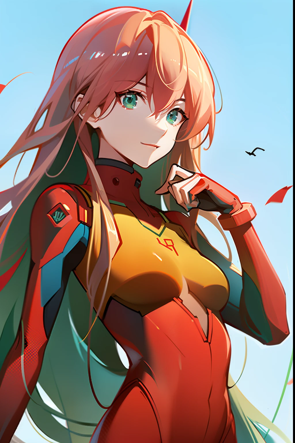 by ask, by caaaarrot, Very detailed background, Masterpiece, Best quality, 1girll, Solo, ((Masterpiece, Best quality)),Best-aesthetic, Zerotwo (DARLING in the FRANXX), DARLING in the FRANXX, bangs, Biting, Blush, covered navel, eye shadows, Green eyes, hair behind head, hand on hips, Horns, Smile, Long hair, view the viewer, Makeup, Medium breasts, pilotsuit, Red suit, Pink hair, Red eyeshadow, Science fiction, skin tight