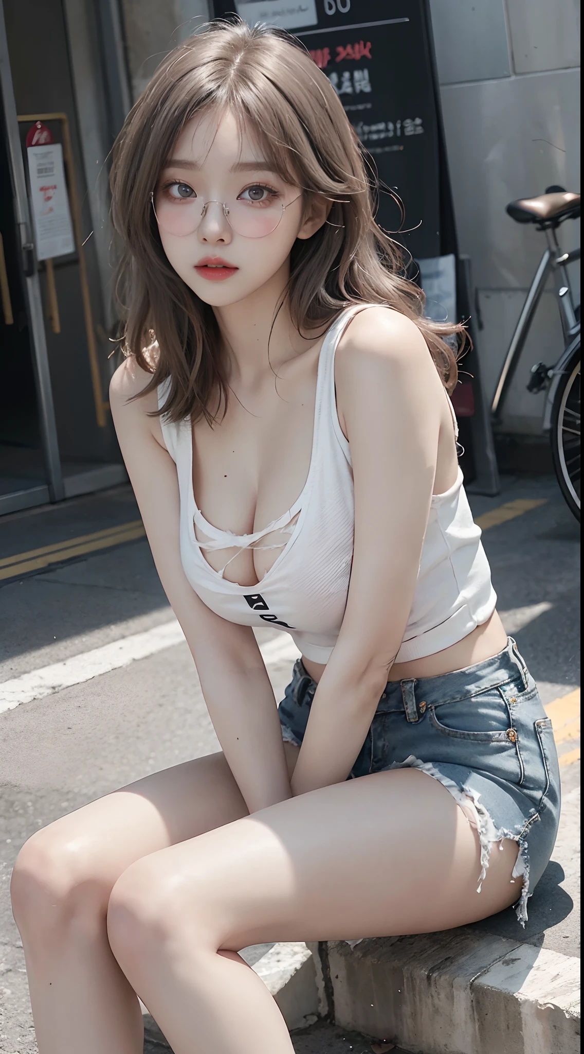 Top image quality、Raw photography、超A high resolution、18-year-old Korean、Glasses beauty、Colossal tits:1.5、cleavage of the breast:1.6、Healthy complexion、shiny white skin、(long)、((Light brown silver hair))、Beautiful eyes with random colors、very thin lips、beautiful eyes finely detailed、elongated eyes、pale pink blush、long eyeslashes、Beautiful double eyelids、eyeshadows、耳Nipple Ring、(Fashionable glasses、White tight tank top、denim short pants、Beautiful legs、Attractive thighs)、street snap、moderate leg thickness、Shot with emphasis on the legs、((ripped clothing、Clothes with holes))