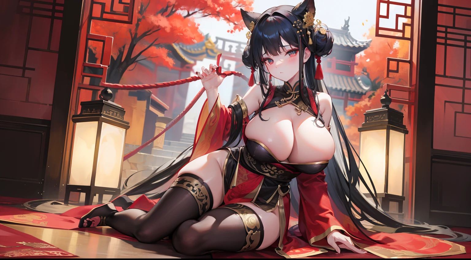 In front of the huge stone Taoist temple，Seductive woman in a robe，big breasts exposed cleavage，Tights，black lence stockings，Seductive expressions，Bunched hair，Full body rope binding，Golden decoration，Full body detail 4K，Dreamlike，and its detailed full-body detail 4K