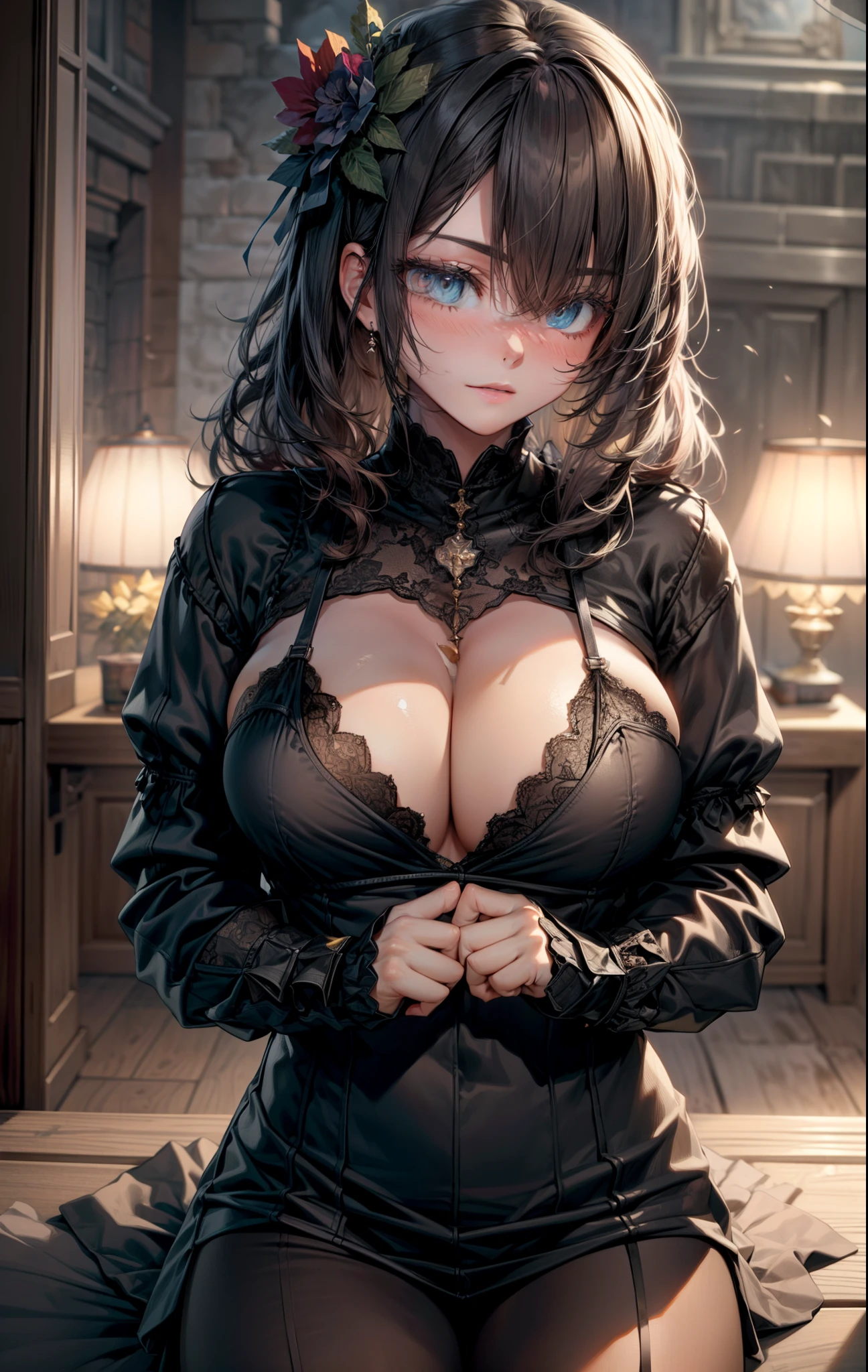 (masterpiece:1.2, best quality:1.2, beautiful, high quality, highres:1.1, aesthetic), detailed, extremely detailed, ambient soft lighting, 4K, perfect lighting, perfect face, perfect eyes, paizuri_keyword, 1boy, 1girl, @_@, ahoge, alternate breast size, bangs, black hair, blush, breasts, breasts squeezed together, closed mouth, clothed female