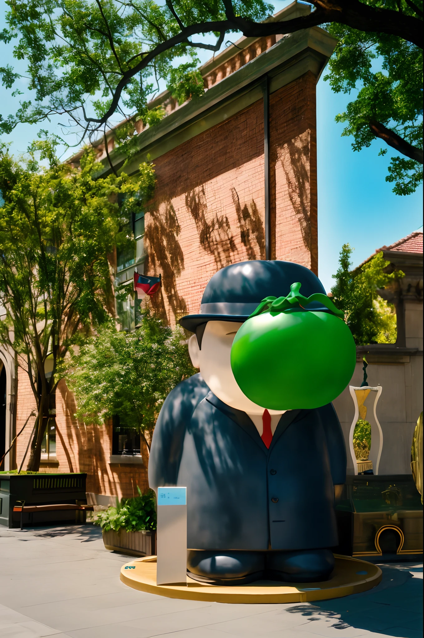 There is a large statue of a man holding a green balloon, Inspired by Fernando Botero, Green head, On a sunny day, inspired by René Magritte, author:Uesaka Seka, inspired by René Magritte, in style of rene magritte, claes oldenburg, Cranberry statue, Tom Hanks as the mascot of Tomato Hanks
