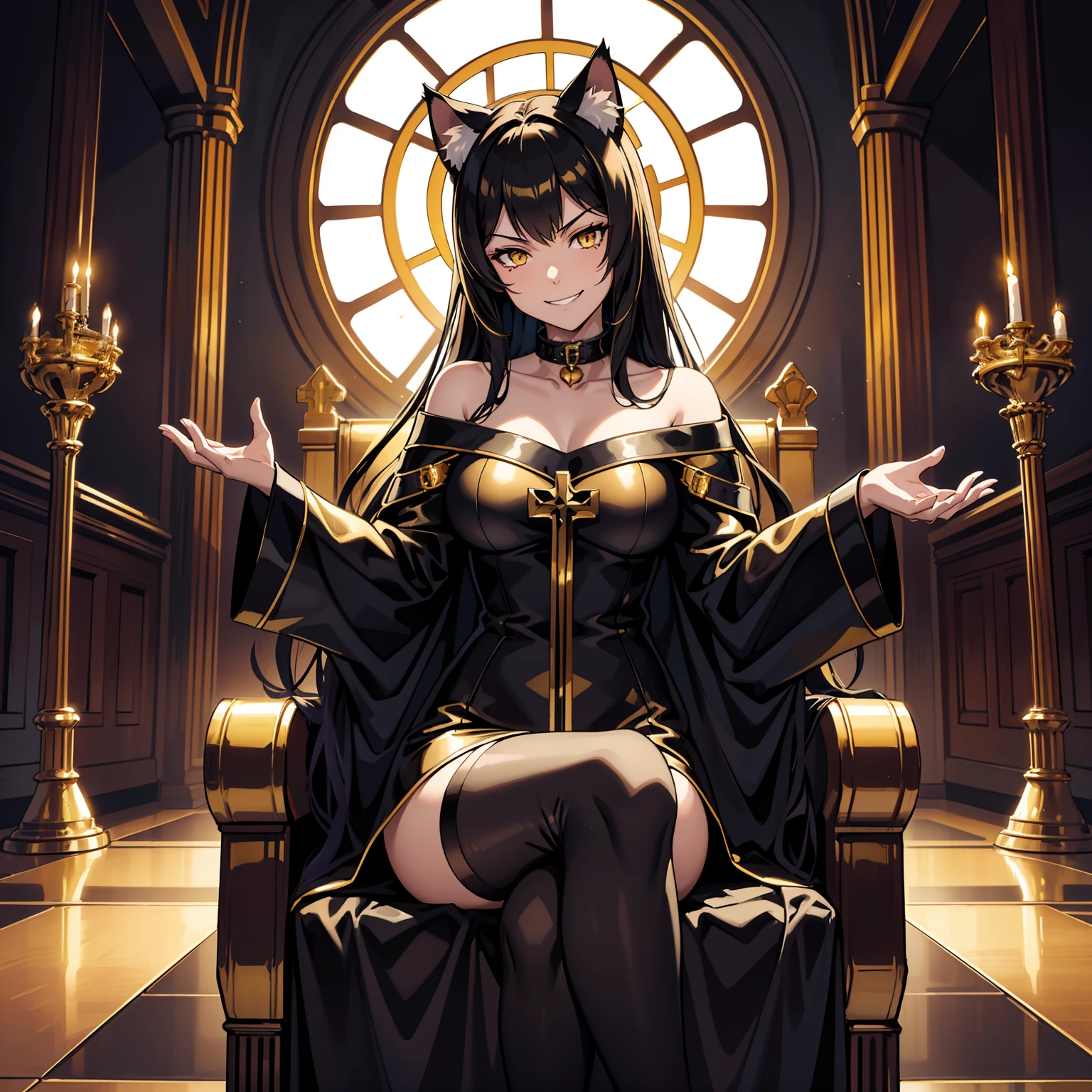 wallpapers, 4K, anime style, masterpiece, (1girl, cat ears, long black hair, yellow eyes, catgirl, playful smile, smug, looking at viewer, turned to viewer), (collar, black leather clothe, church clothes), (gold church), gold gothic church interior behind,  rich ambience around, gold temple interior, sitting on the gold throne in the gold gothic church