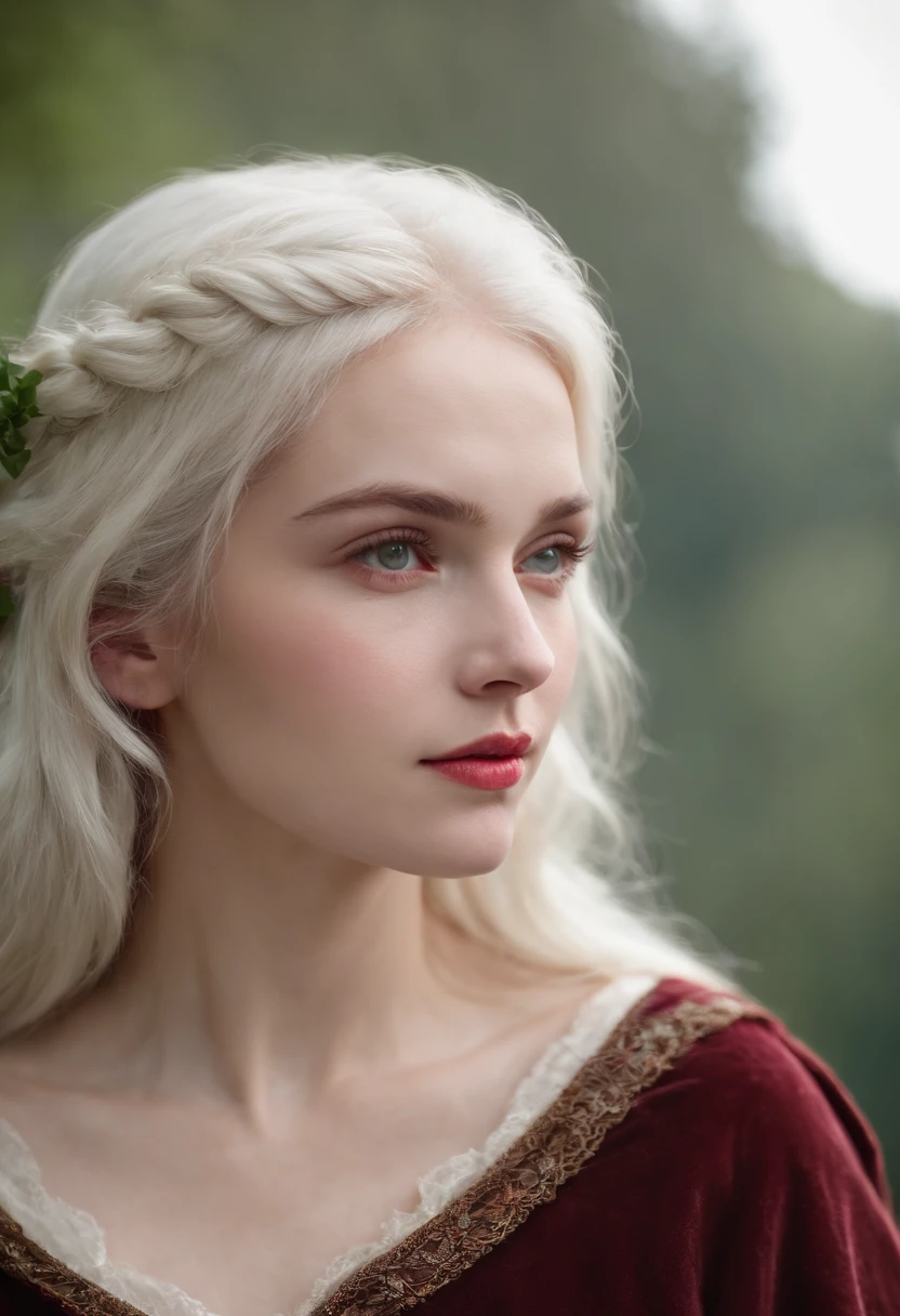 (((a deep reddish wound crosses her left cheek))) fair complexion, woman around 19 years old, natural white hair, distinctive green eyes, wearing kohl, slender and graceful, beautiful, candlelight in a medieval setting, ultra sharp focus, realistic shot, medieval female clothes, tetradic colors (scar:1.4)