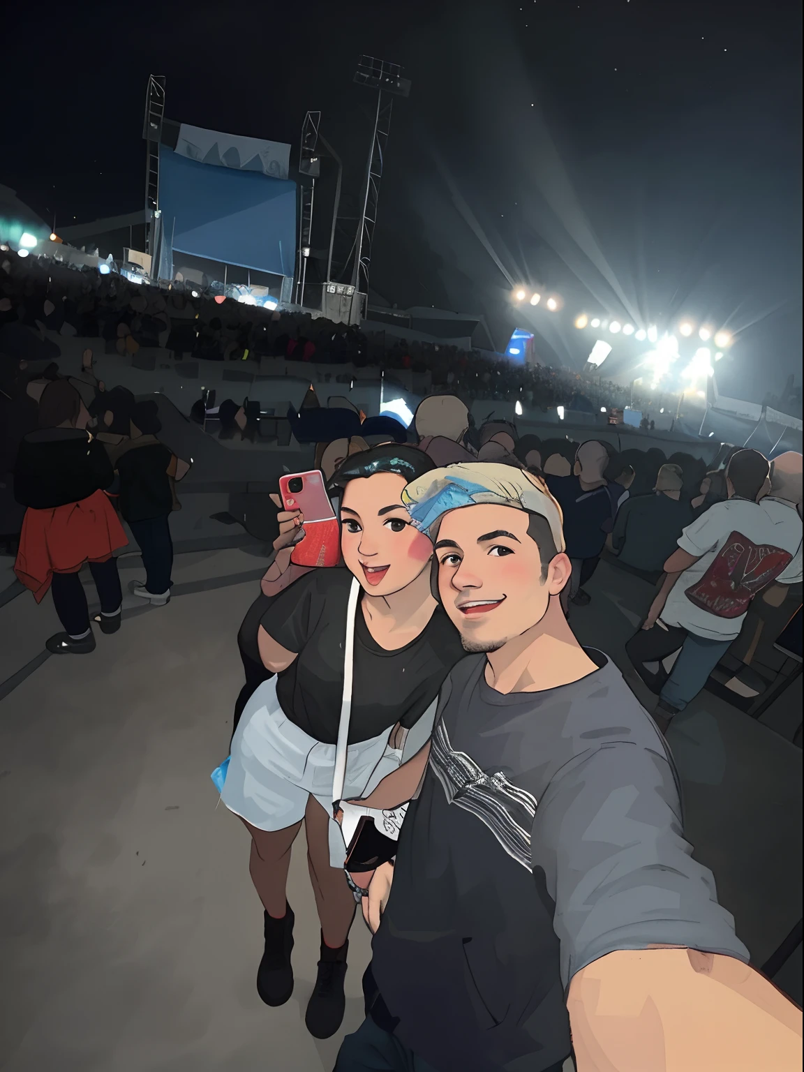 there are two people taking a selfie in a stadium, on rock concert stage, music festival, at racer track, rock concert, concert photo, ney matogrosso with malice, very very low quality picture, josan gonzales!!!, in front of a large crowd, many partygoers, people enjoying the show, audience selfie, concert, facebook post, low quality photo