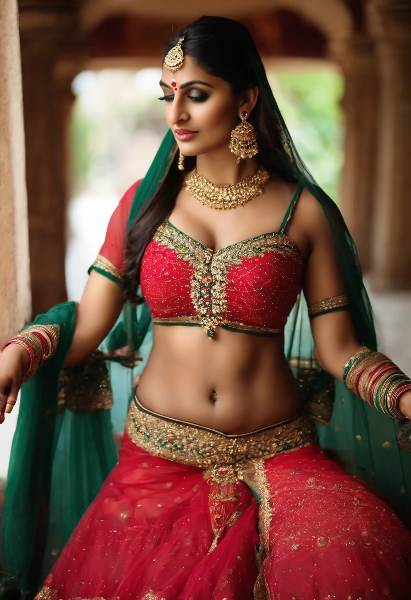 Indian Bride in a vibrant lehenga choli set, round deep navel, eyes symmetry, face symmetry, HDR, bold and rich colors, intricate embellishments, and festive accessories for a celebratory look, HDR