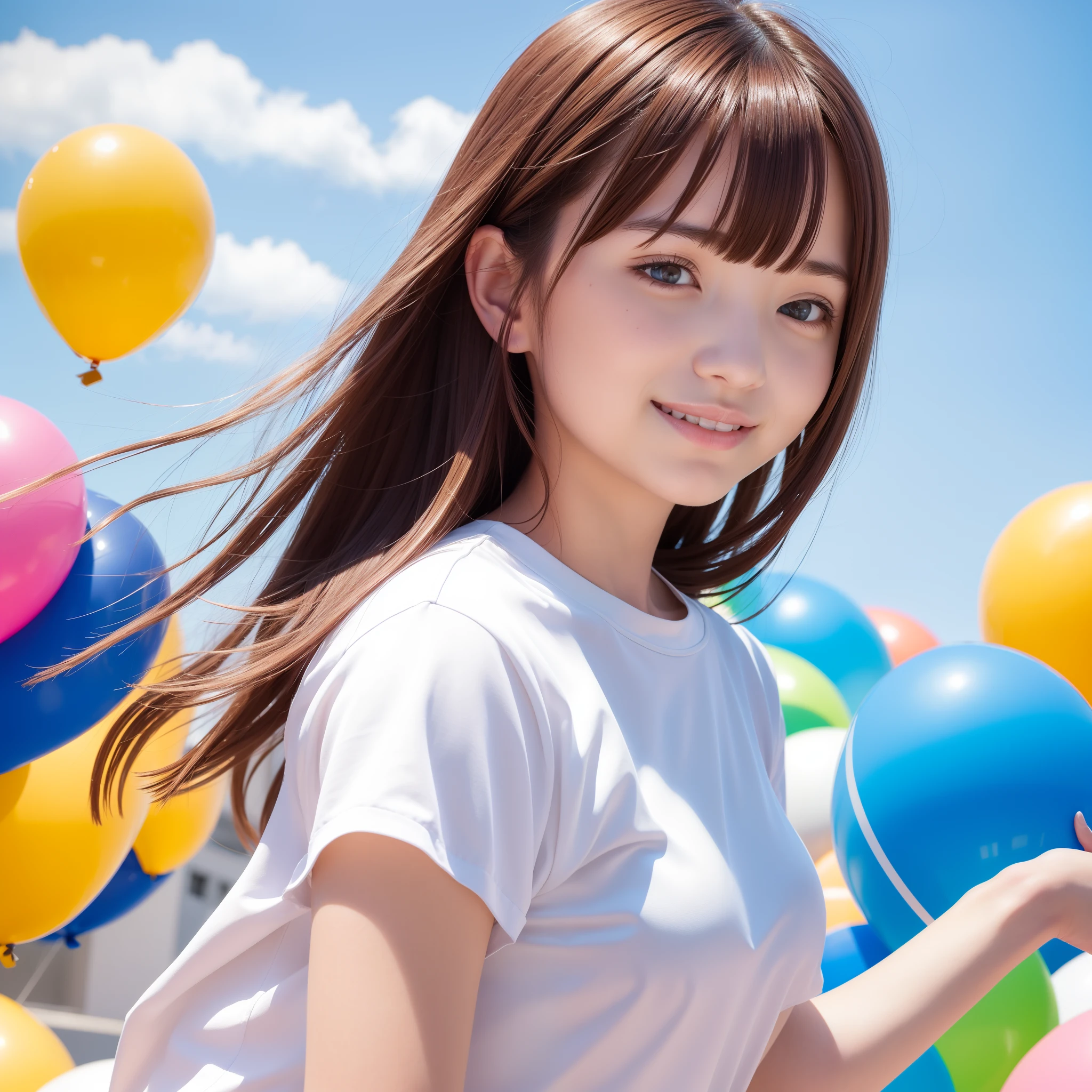 masutepiece, Super Detail, High quality, awardwinning, 8K, Balloons, various colors, girl, Solo, Brown hair, Medium Hair, Bangs, Smile, Closed mouth, White T-shirt, Blue Sky Background