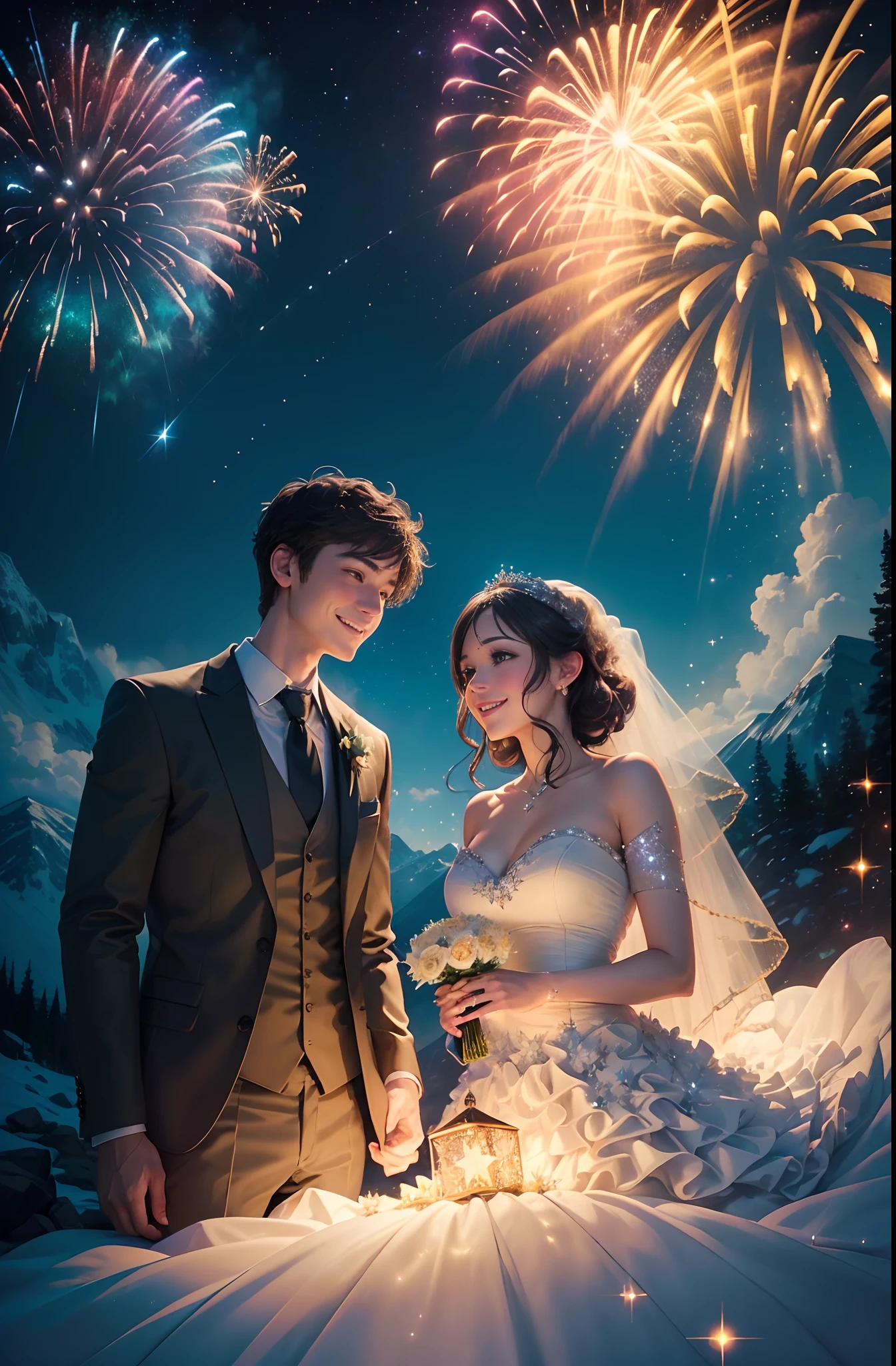 ((Best quality, A high resolution, Masterpiece:1.2)), (Romantic), (newlyweds:1),(Happy smile),Delicate facial features, Clear facial features, Optimized details (Stargazing at the top of the mountain), (Spectacular sky fireworks display), (Colorful fireworks), (Giant fireworks), (Wedding dress), (suit), (glittering stars:1.5), Romantic couple photo, cinematic Film still from.