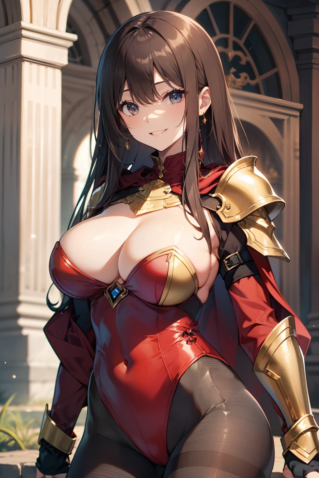 top-quality、Full limbs、complete fingers、Slender beauty、straight haired、Brown hair、(Red High Neck Long Sleeve Leotard:1.3)、Golden emblem on a leotard、(Brown pantyhose:1.3)、red cloak、Western armor、Iron breastplate、Iron shoulder rest、Iron Gauntlet、Iron shin pad、Beautiful Large Breasts、in a castle、A big smile、Walking、sexypose