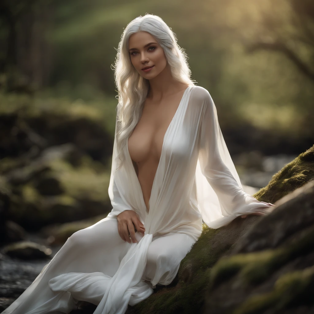 NSFW、hightquality、high-level image quality、hight resolution、a picture、Perfect human body structure、1 Beautiful Girl、full bodyesbian、A sly smile、elvish、Crystal clear silver hair、fullnude、White and thin silk robes disheveled、Wet and snugly attached to the skin、Open crotch、Forest with springs、Pose Seductive