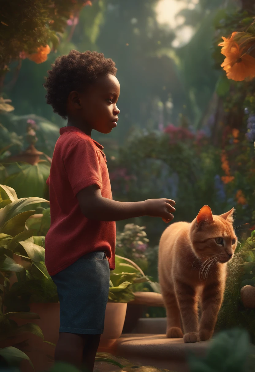 BLACK AFRICAN 5 YEAR OLD SON IN A GARDEN WITH FLUFFY CAT, NATURE, 8K, detailed matte painting, deep color, fantastical, intricate detail, splash screen, complementary colors, fantasy concept art, 8k resolution trending on Artstation Unreal Engine 5"