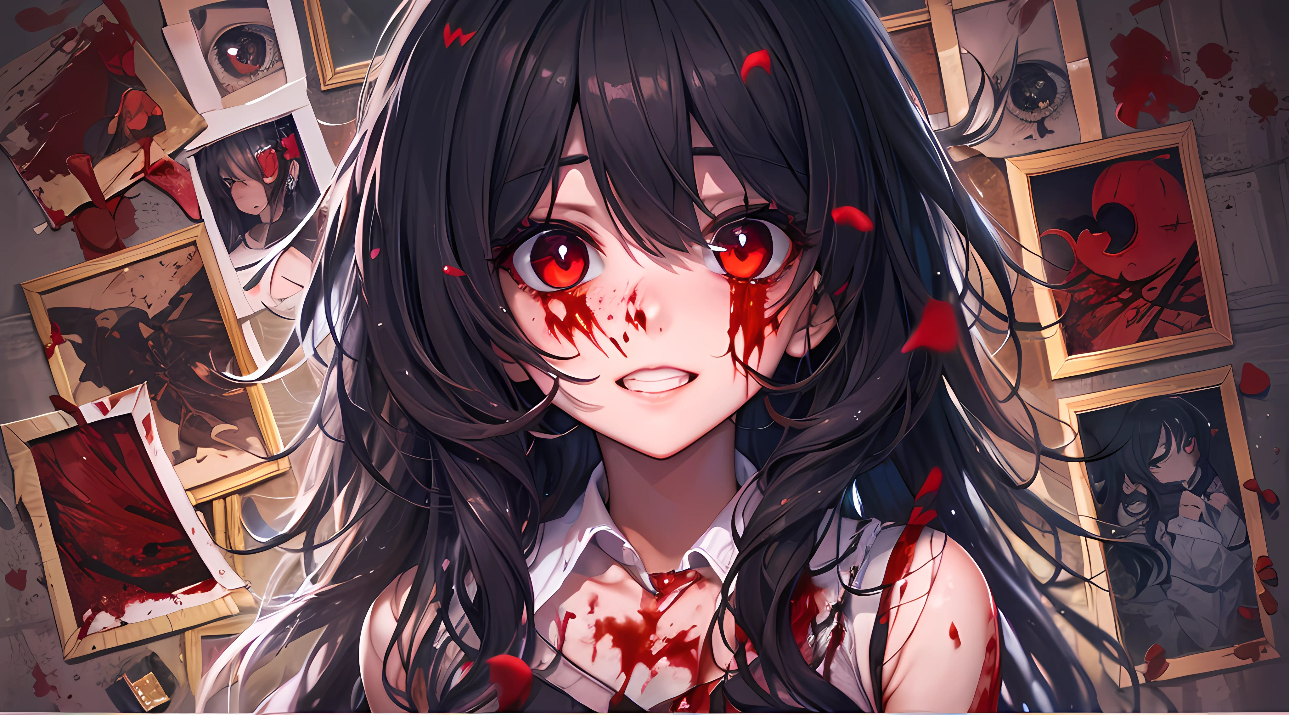 (masterpiece), best quality, high resolution, extremely detailed, detailed background, dark, 1girl, medium black hair, red eyes, looking at viewer, yandere, yandere face, shaded face, crazy eyes, red heart eyes, crazy smile, blood, blood on face, blood on clothes, hands on own cheeks, heart-shaped pupils.