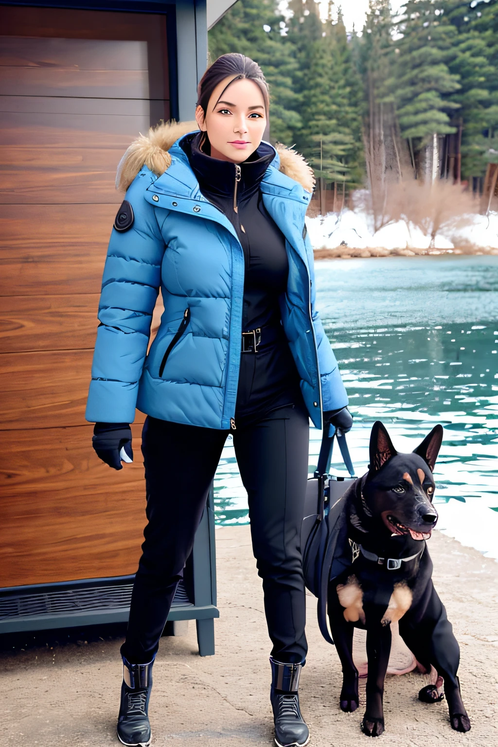 Make a woman with big breast, Blue long winterjacket , with open zipper, with face, body, Lakeside house, travel bag, black pants, dog