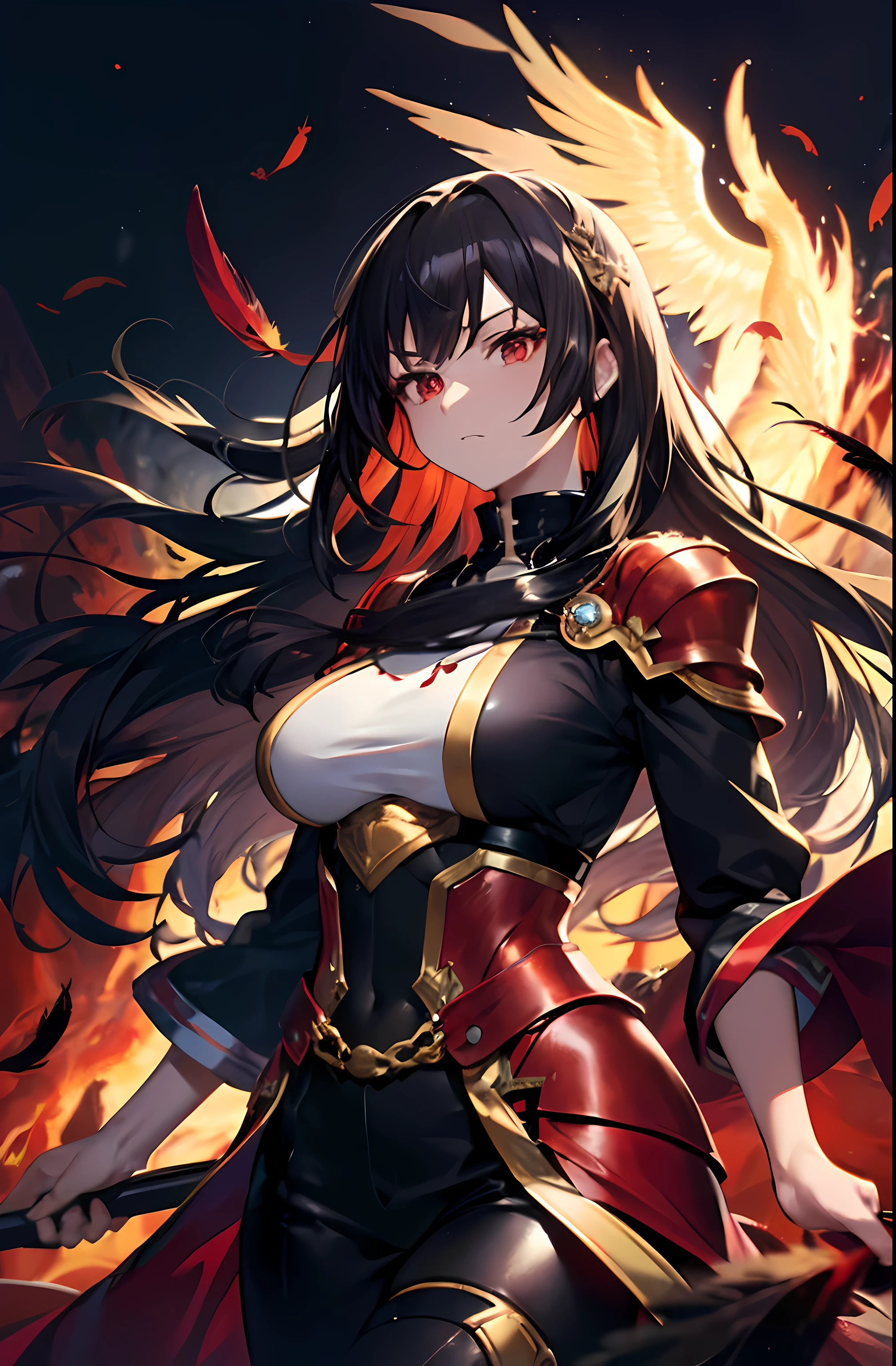 ((masutepiece:1.2, Best Quality)), beautiful a girl, Wear the Phoenix, ((Red feathers)), volcanoes, knight , are flying, Black hair, Long hair, Long hair, Red Eyes, Determined, 8K, Textured skin