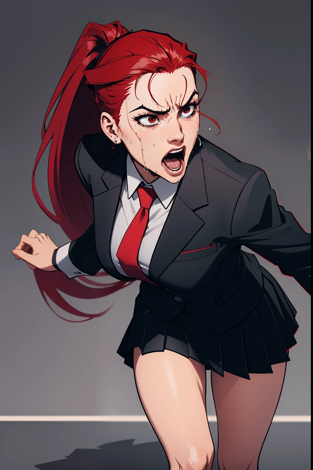 closup view, woman, red ponytail hair, wearing a black office suit, red tie,black office skirt, scared, scream, crying, dark, grey background