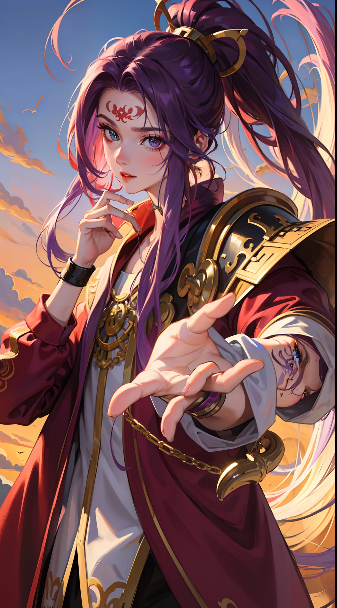 Grown-up guy, long purple hair, Part of the hair is gathered in a high ponytail, Heterochromia, The left eye is purple, Red right eye, The Monkey King's Armor, open torso, lots of tattoos, clouds beneath your feet, Masterpiece, hiquality, 4k, HD, Good detail