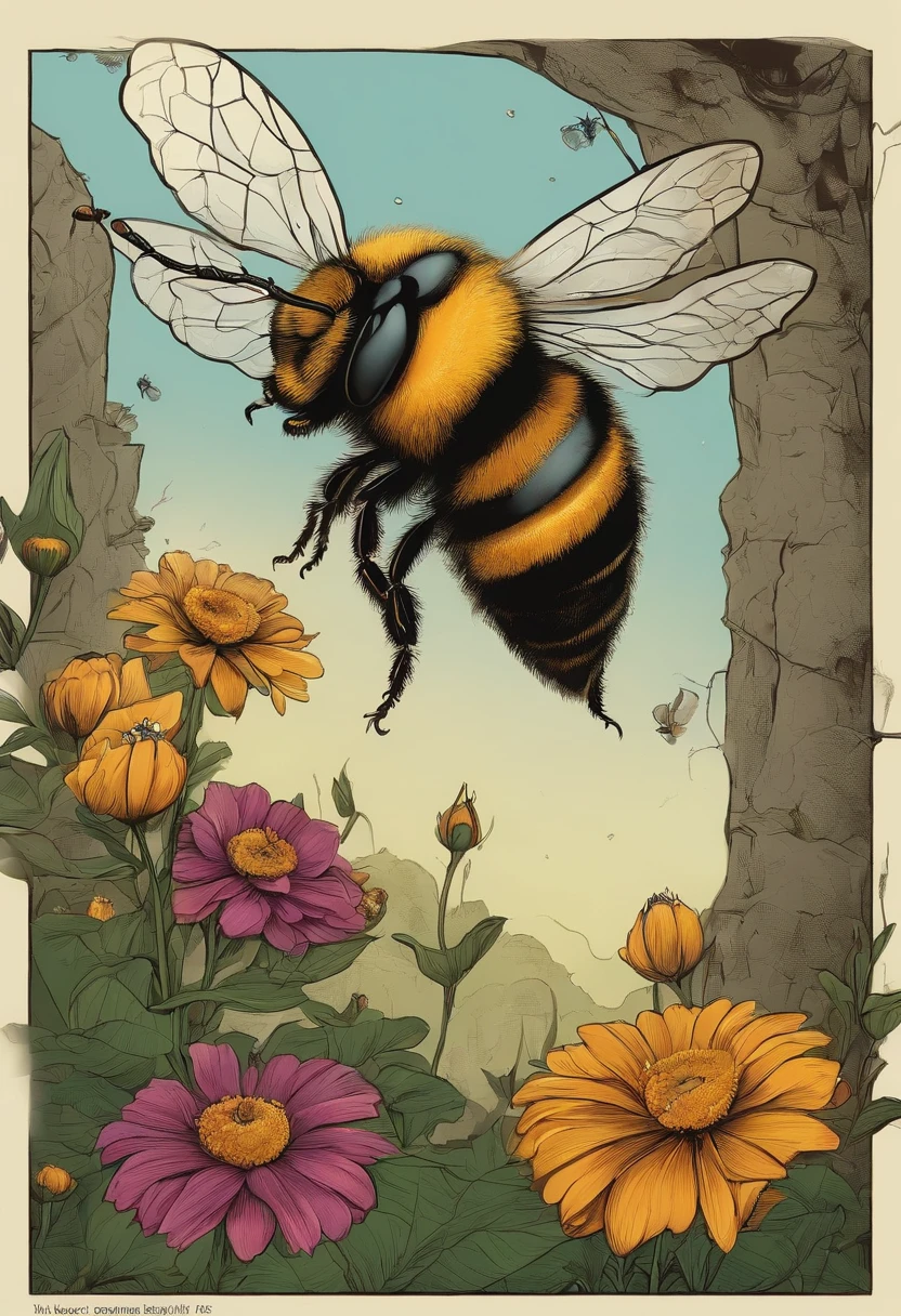 crie uma imagem de uma abelha em estilho comics, The bee should be in a side view but with its head turned to the left