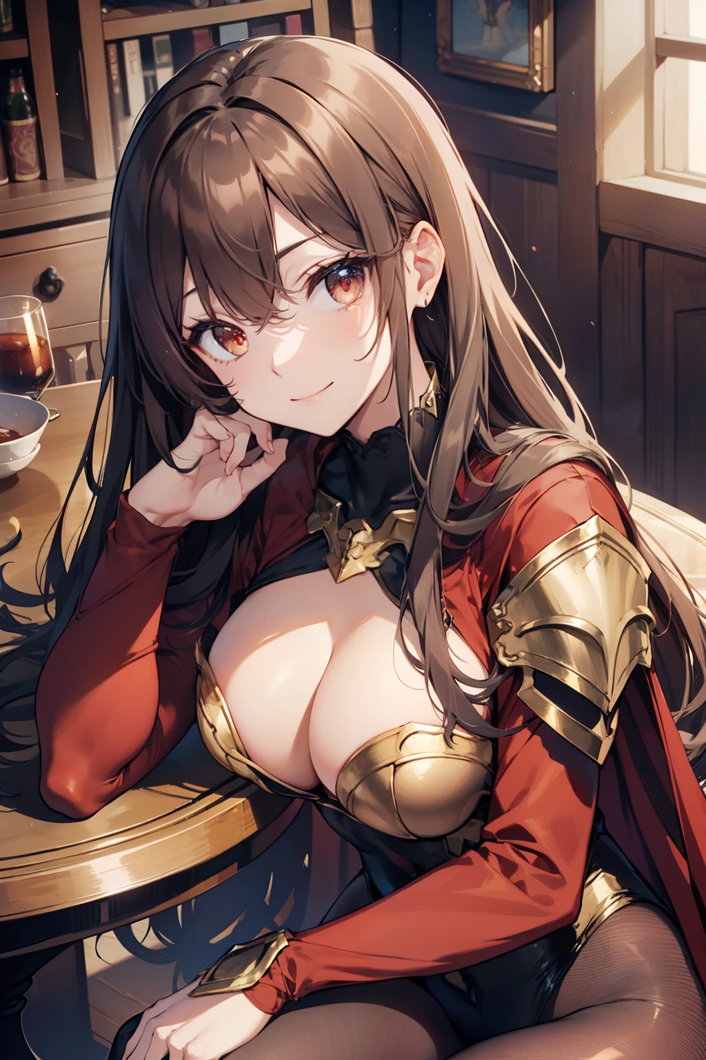 top-quality、Full limbs、complete fingers、Slender beauty、straight haired、Brown hair、(Red High Neck Long Sleeve Leotard:1.3)、Golden emblem on leotard、(Brown pantyhose:1.3)、red cloak、Western armor、Iron breastplate、Iron shoulder rest、Iron Gauntlet、Iron shin pad、Beautiful Large Breasts、in a castle、A big smile、round table、sitting on
