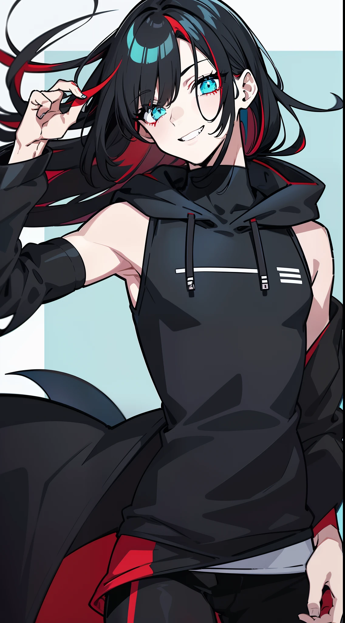 Solo, Webtoon Art, Mature Male, Sharp Eyes, Long Black Hair, ((Red Hair Streaks)), Seductive Laughter, (Cyan Eyes), White, Black, Red Modern Cool Clothes, Jacket, Hoodie, sleeveless buttons, black leggings, side locks, (detailed eyes), luminous, shiny hair, high quality, 8K, (bright colors), chromatic aberration,