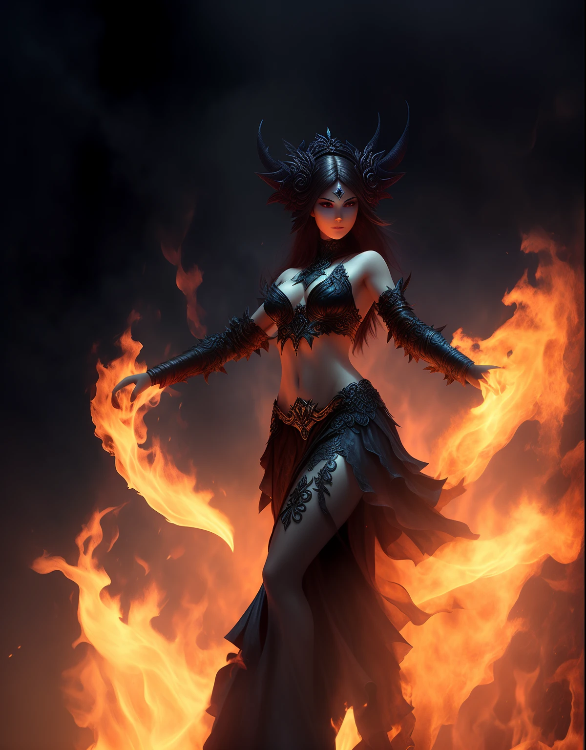 (full body shot of:14),(1 Angel Girl),(4 arms),Take each;machete,Yokai's head,bowl,hand seal,Delicate smooth skin,Openwork beads,No clothes,Crouch on the corpse,cawing ravens,Accurate human anatomy,(glaring eyes),(plethora of colors,Best quality,high detal,tmasterpiece,Cinematic lighting effects,4K,Chiaroscuro)