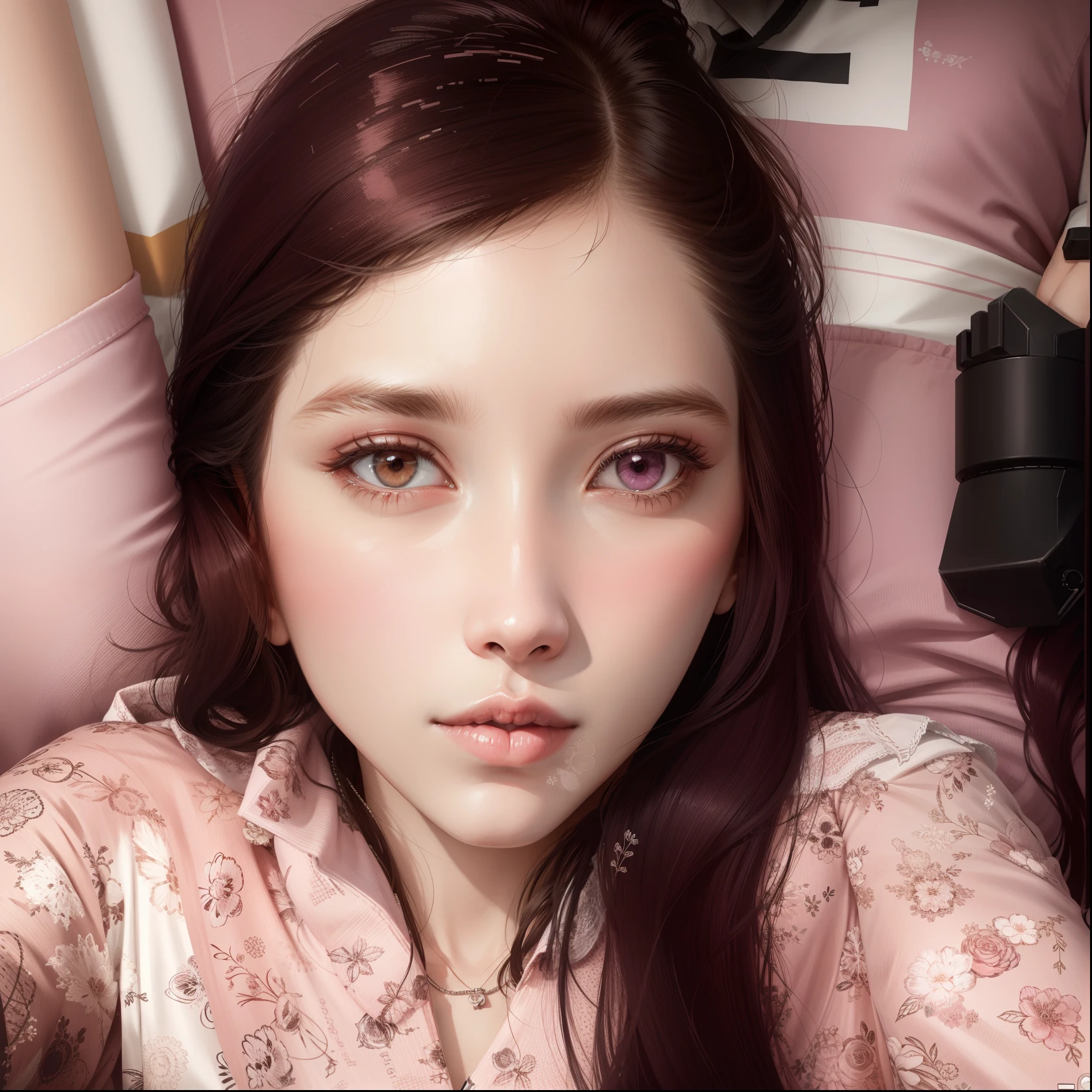 Sleeping girl, 22 years old, realistic, she is wearing long pants, she is wearing pink pajama, brown hair.8k