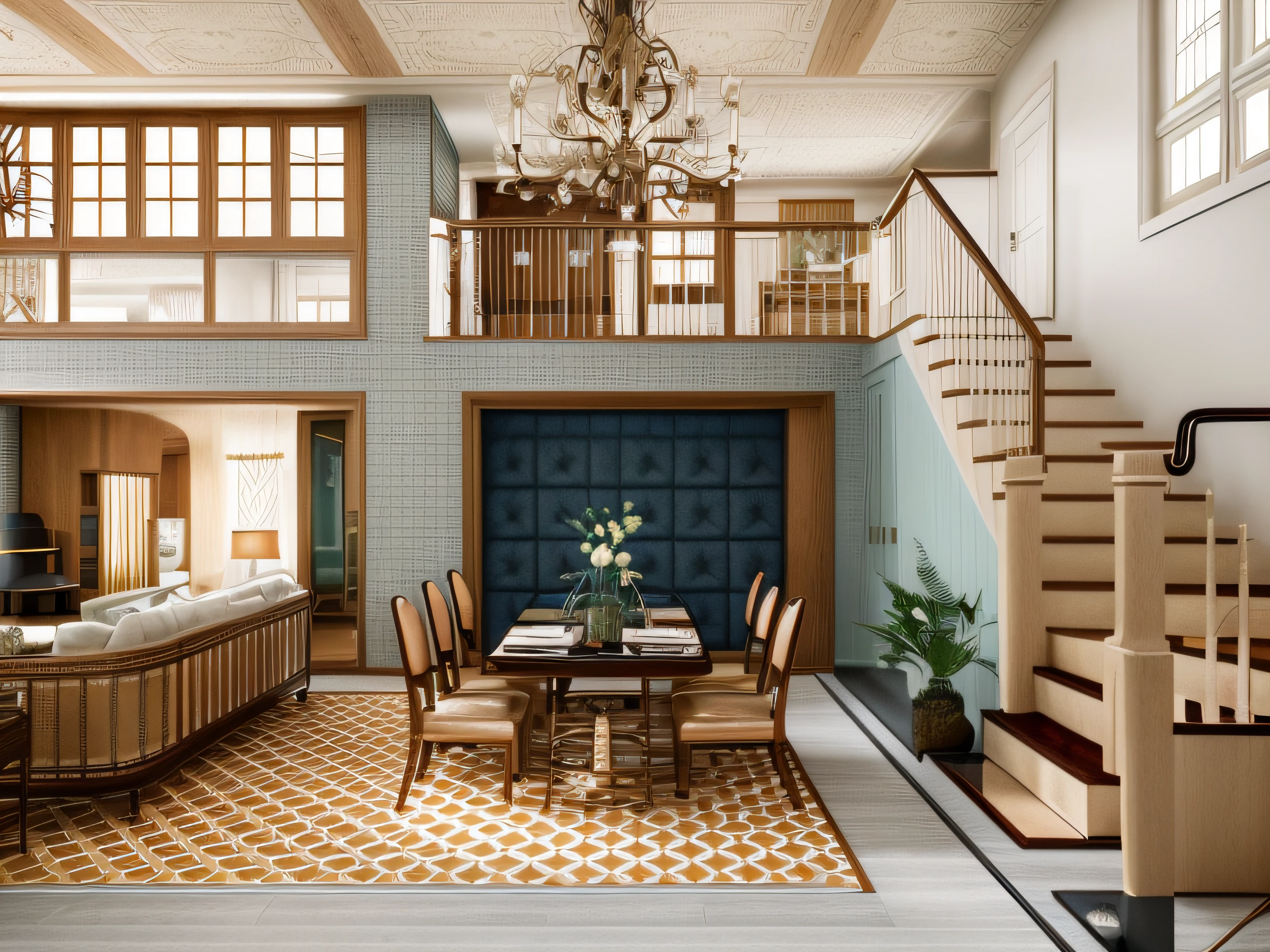 RAW photo, interior classic style, (high detailed skin:1.2), (natural light:1.2),8k uhd, dslr, soft lighting, high quality,Please generate a detailed and distinctive image of the living room in a Retro-style apartment. The room should feature warm and bright natural wood tones with prominent wood grain patterns. The flooring should consist of luxurious tiles or stone cladding with elegant cloud-like patterns. Incorporate both modern LED lighting and Retro-style chandeliers to create a well-lit space. Opt for a refined leather sofa that complements the natural wood grain and enhances the overall ambiance. Choose curtains in a soft blue-gray shade to harmonize with the Retro style. Emphasize the presence of authentic, crisp natural light that highlights the interior's color contrast and texture. Additionally, introduce a unique twist with monochromatic wood paneling, creating a captivating contrast. Include decorative elements in pastel blue, moss green, deep plum, and other standout colors to add a touch of uniqueness and personality. Ensure that the room exudes an atmosphere of Retro elegance, comfort, and creativity, where the interplay of natural light and contrasting interior elements creates a captivating Retro-style living room