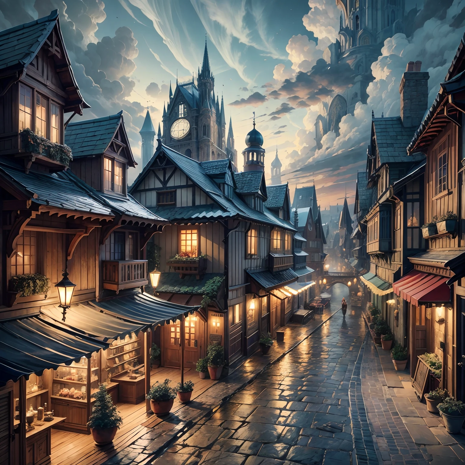 masterpiece, a detailed, hyper details, beautiful, medieval fantasy city, evening time, fantasy heavy, cobble stone, marble, wood
