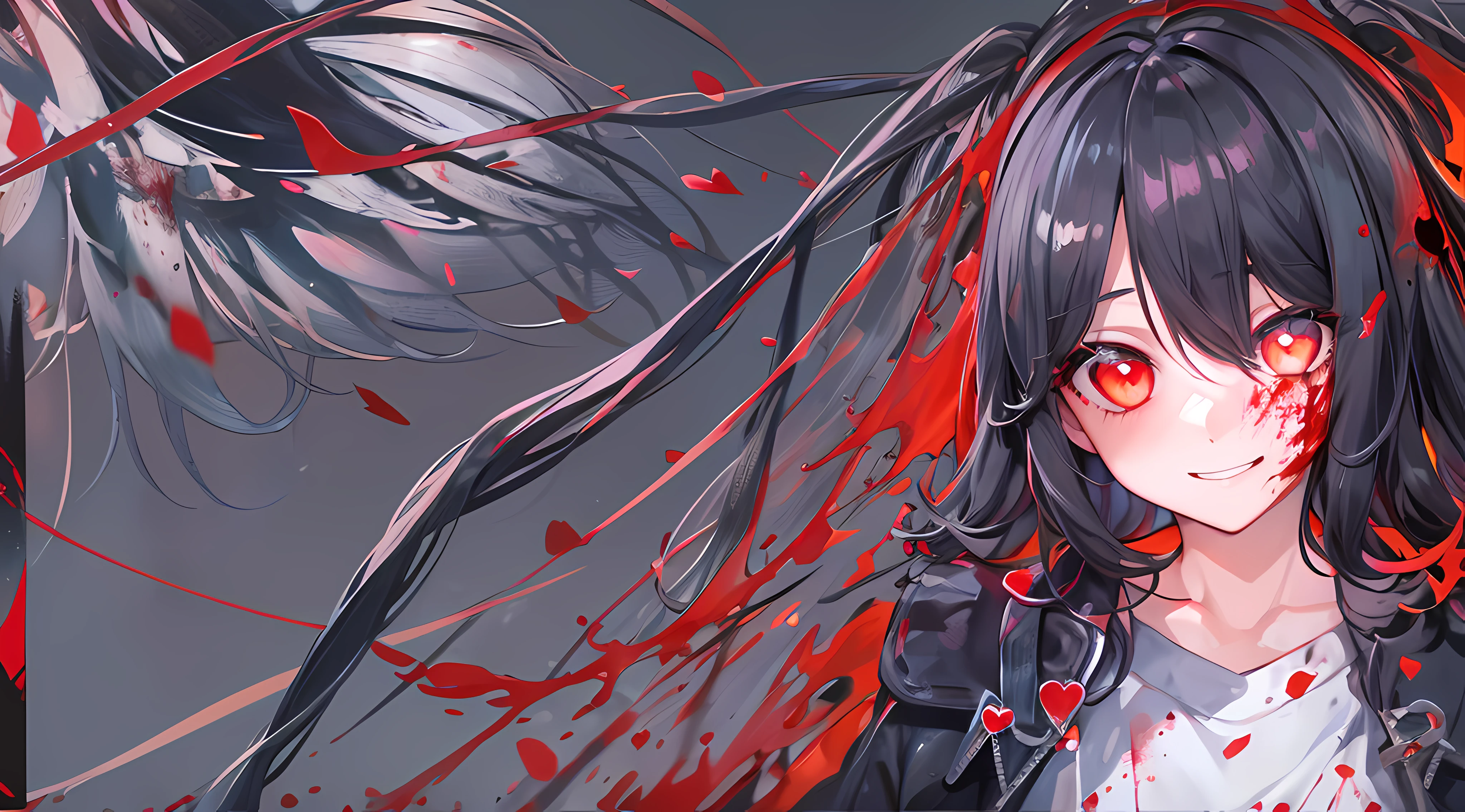 (masterpiece), best quality, high resolution, extremely detailed, detailed background, dark, 1girl, medium black hair, red eyes, looking at viewer, yandere, yandere face, shaded face, crazy eyes, red heart eyes, crazy smile, blood, blood on face, blood on clothes, hands on own cheeks, heart-shaped pupils.