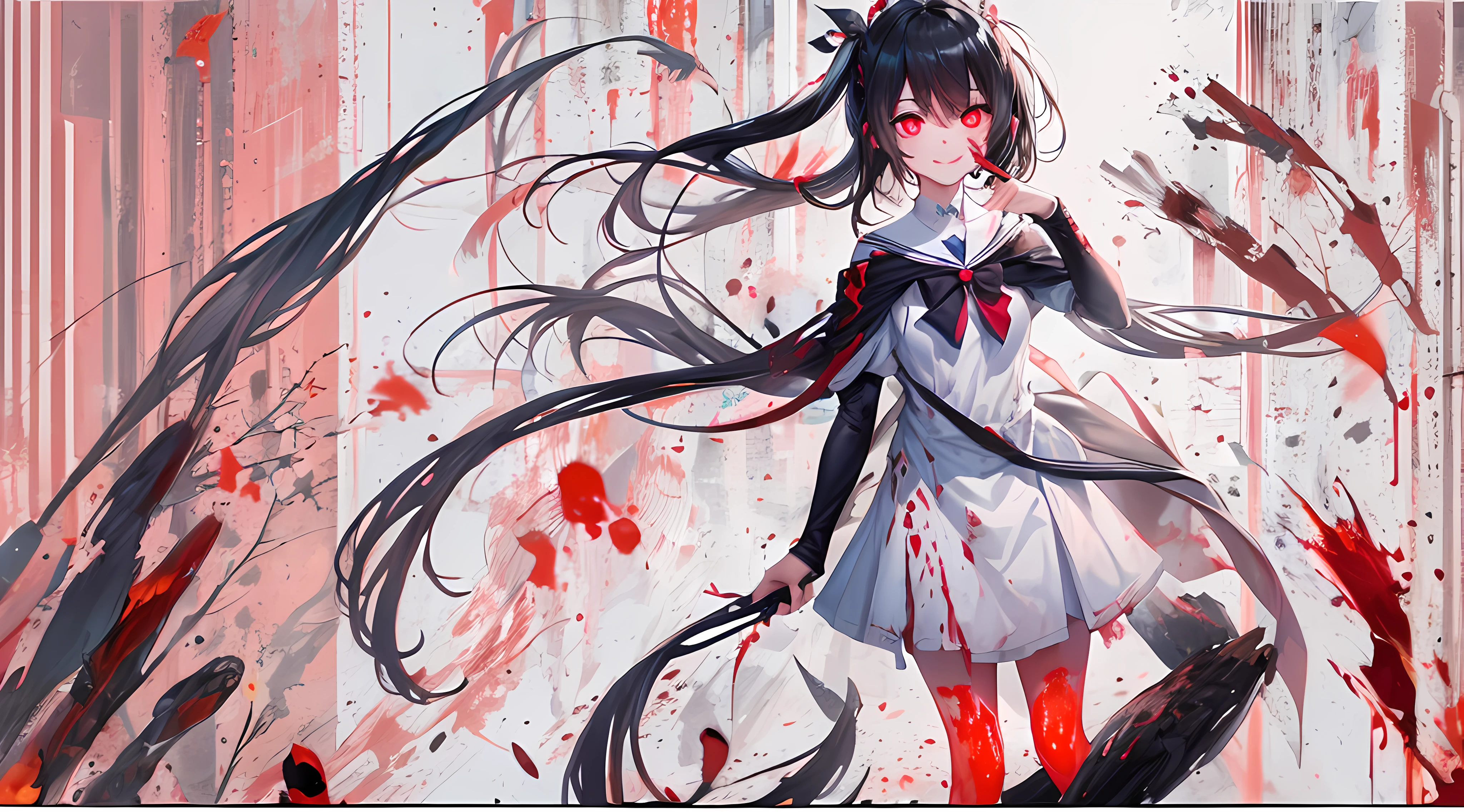 (masterpiece), best quality, high resolution, extremely detailed, detailed background, dark, 1girl, medium black hair, red eyes, looking at viewer, yandere, yandere face, shaded face, crazy eyes, red heart eyes, crazy smile, blood, blood on face, blood on clothes, hands on own cheeks, heart-shaped pupils.