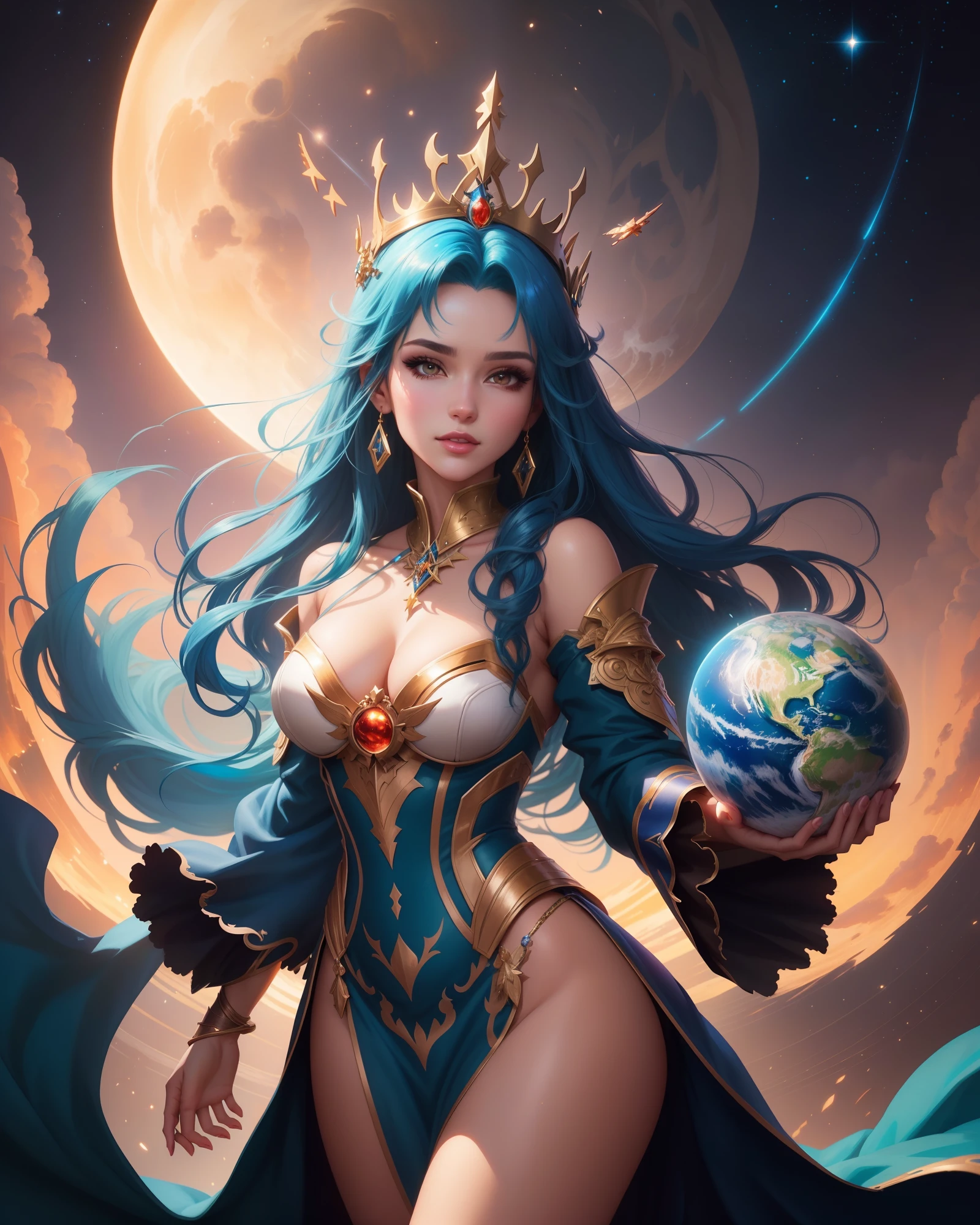 a close up of a woman with a blue hair holding a globe, beautiful celestial mage, ig model | artgerm, artgerm on artstation pixiv, extremely detailed artgerm, artgerm jsc, artgerm. anime illustration, celestial goddess, artgerm lau, portrait knights of zodiac girl, a beautiful fantasy empress