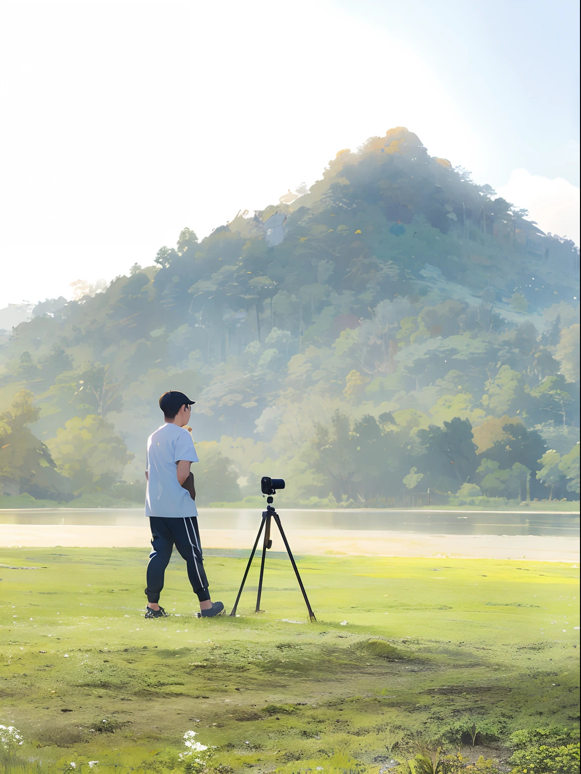 there is a man standing in a field with a camera and tripod, shot on canon eos r 5, shot on canon eos r5, in a scenic background, stock footage, cinematography photo, shot with premium dslr camera, film shooting, shot with a professional camera, tripod, outdoor fine photography, nature photography, photo taken with canon 5d