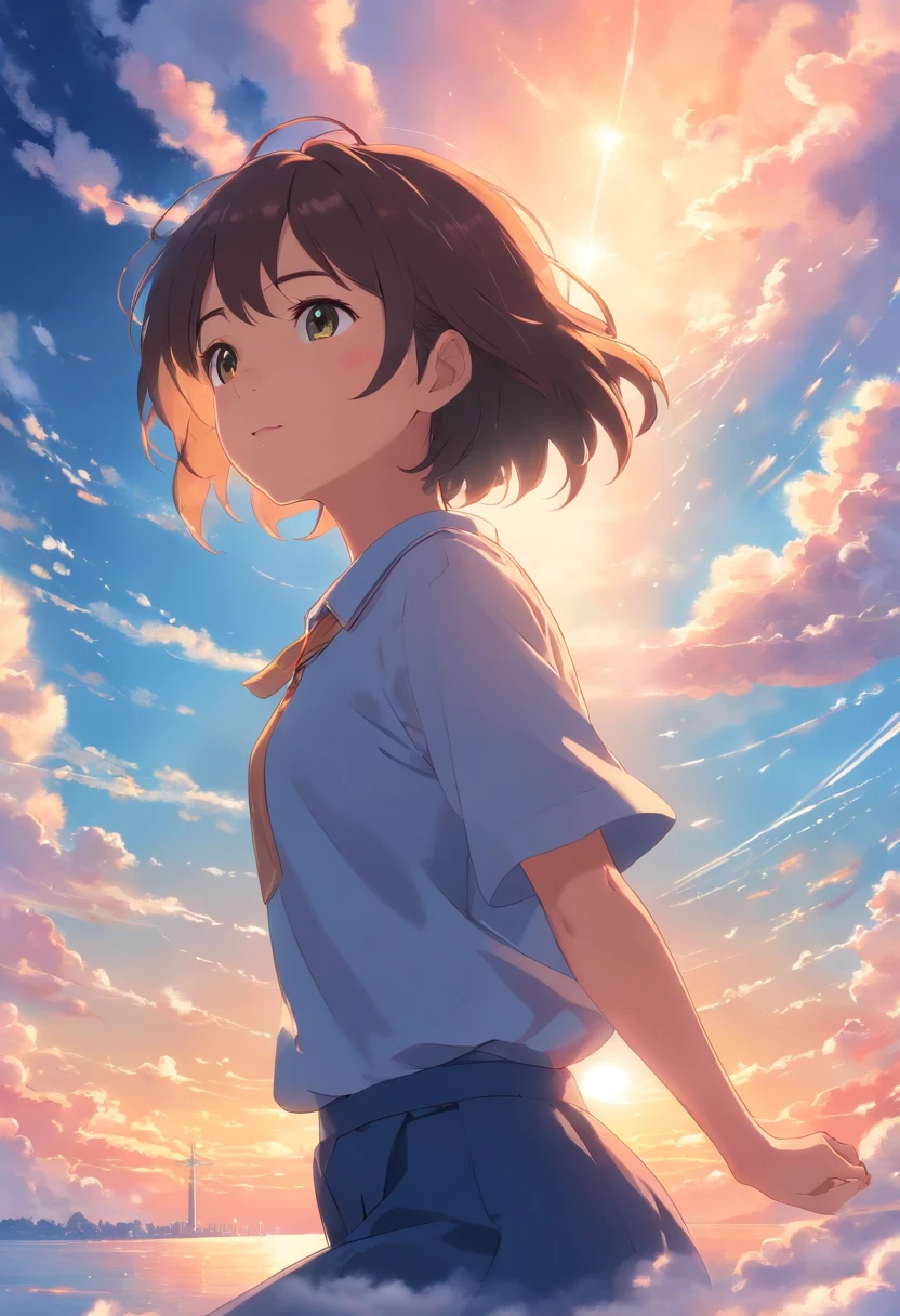 masterpiece, best quality, movie still, 1girl, cloud girl, floating in the sky, close-up, bright, happy, warm soft lighting, sunset, (sparks:0.7)