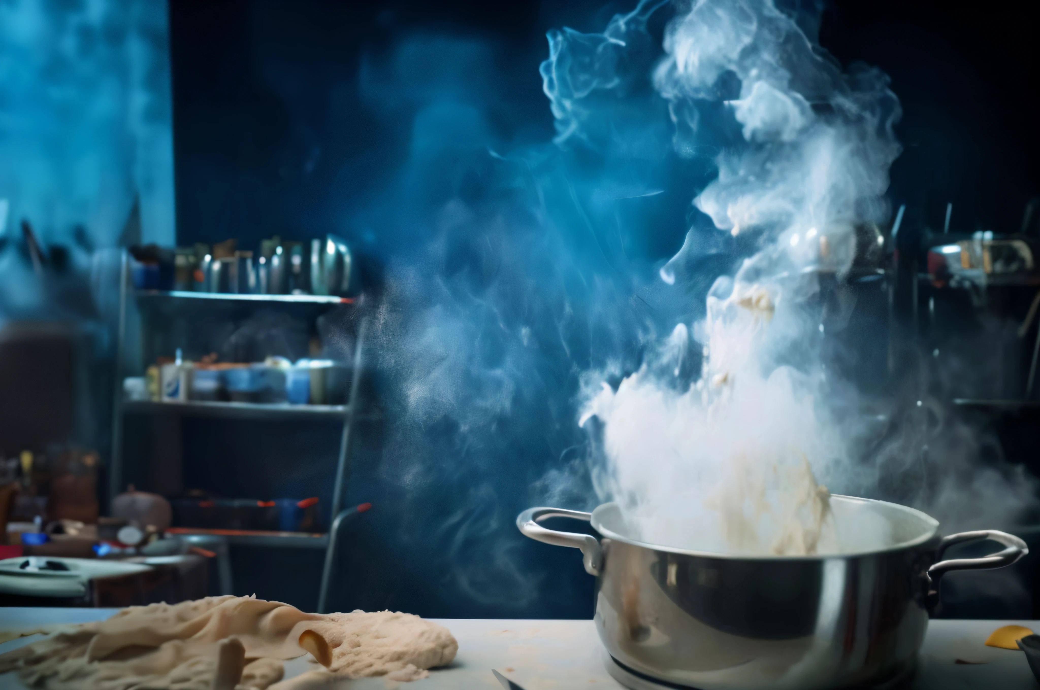 There is a pot with steam on the counter, steaming food on the stove, The smoke boils, Dry Ice, Melt volumetric smoke and fog, boiling imagination in a bowl, Smoke and volumetric fog, Boiling, Cooking, cooking show, Billowing steam and smoke, viscous smoke, Lean smoke and volumetric fog, cooking it up