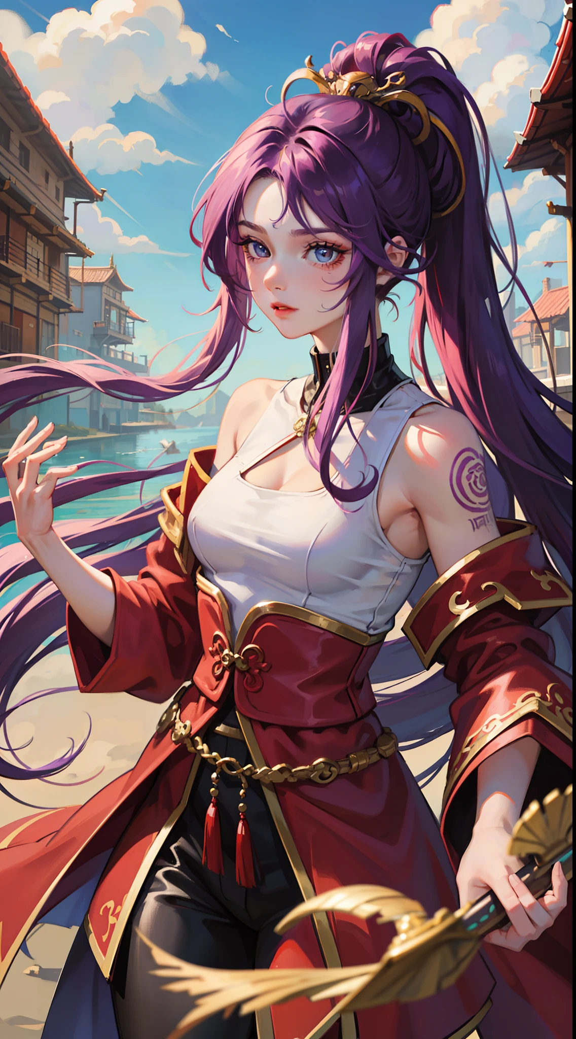 Grown-up guy, long purple hair, Part of the hair is gathered in a high ponytail, Heterochromia, The left eye is purple, Red right eye, The Monkey King's Armor, open torso, lots of tattoos, clouds beneath your feet, Masterpiece, hiquality, 4k, HD, Good detail