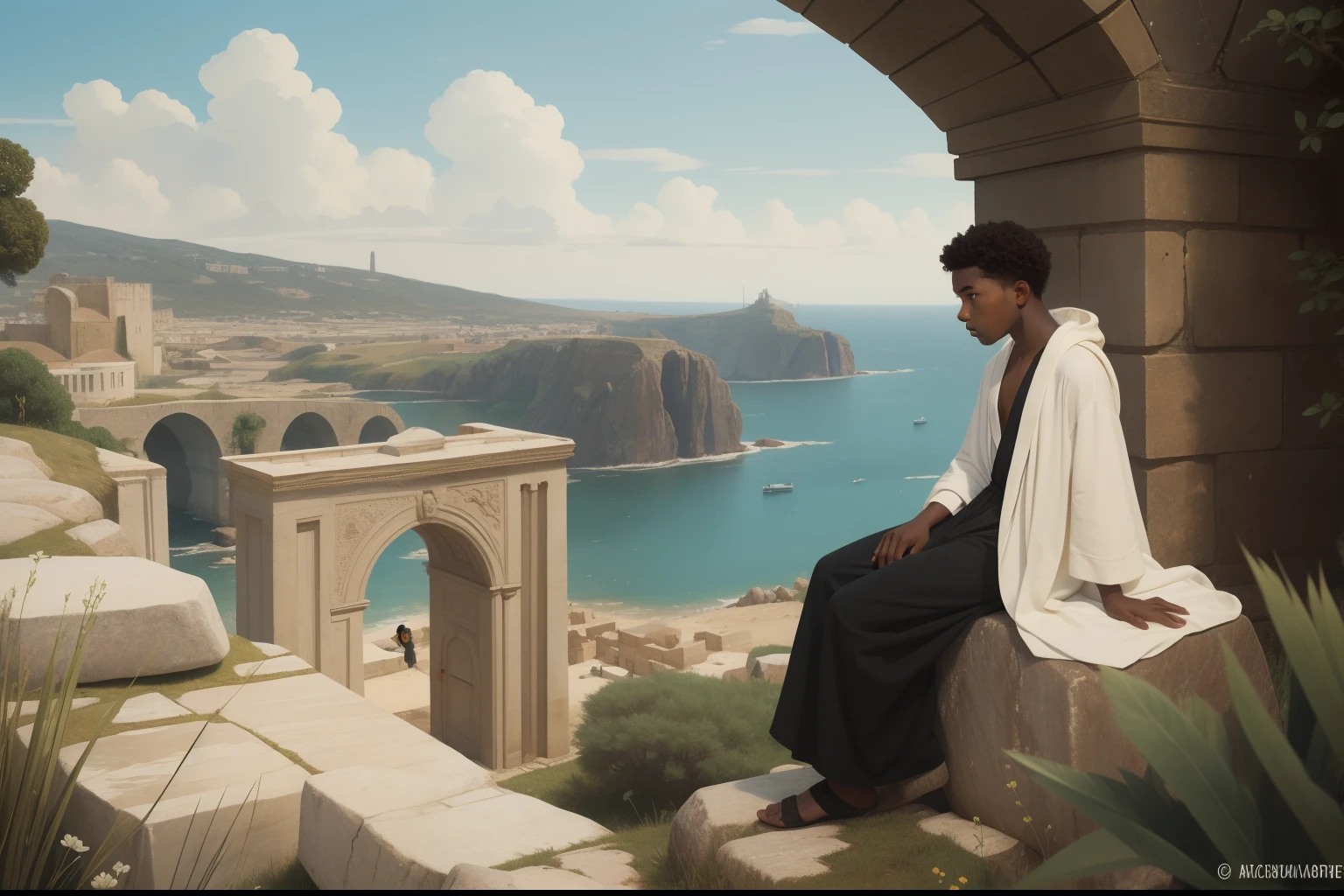 pre-raphaelite scene where a 15-year-old black boy, wearing a white robe, stands on top of a rocky mount next to an archway door made of stone. A white city and cerulean sea in the distance.