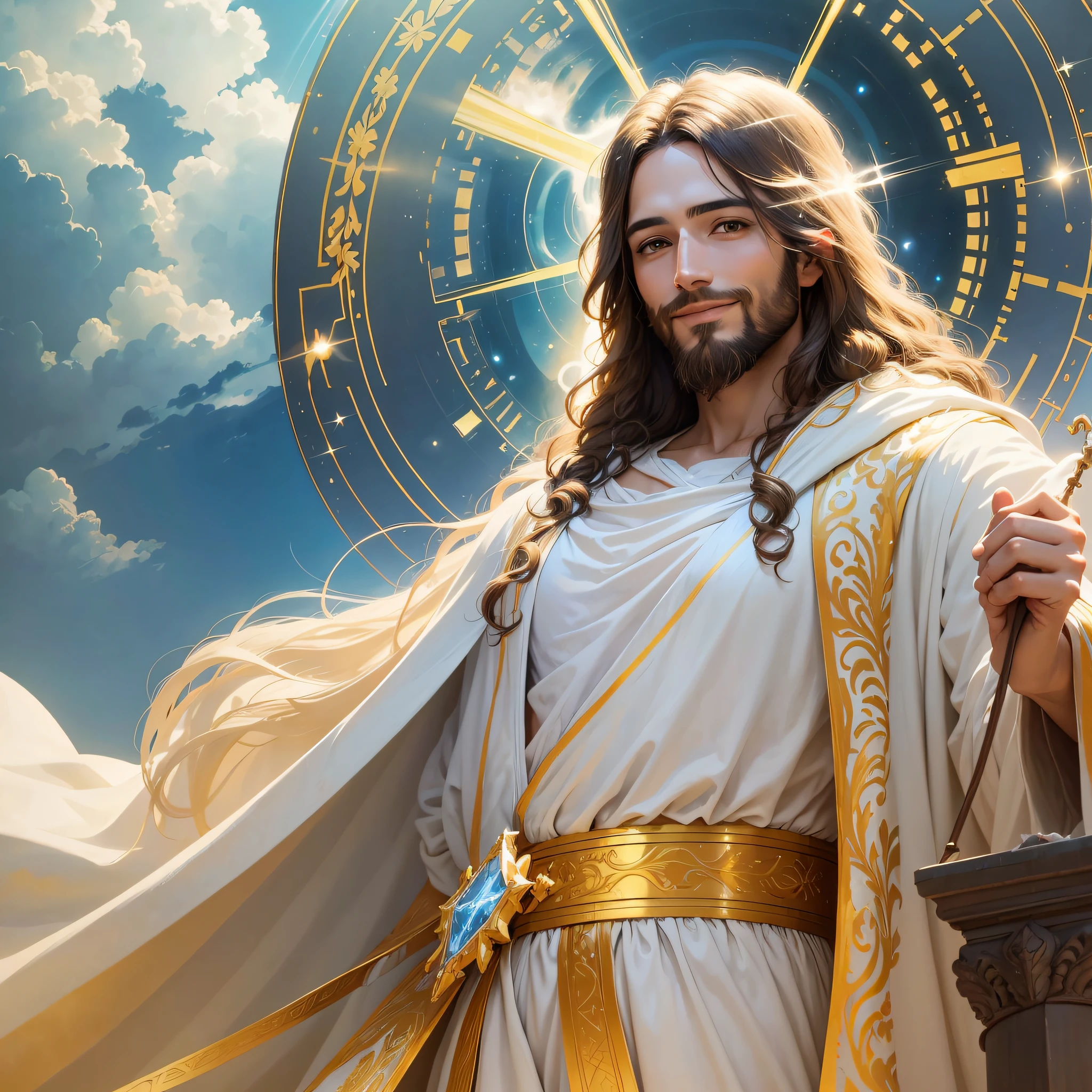 An extremely vivid and illuminated portrayal of Jesus with warm and radiant smile, wearing a white flowing robe, glimmering golden light and subtle glow softly emanating from him, surrounded by blue skies and pristine clouds, amidst gentle and peaceful ambience.