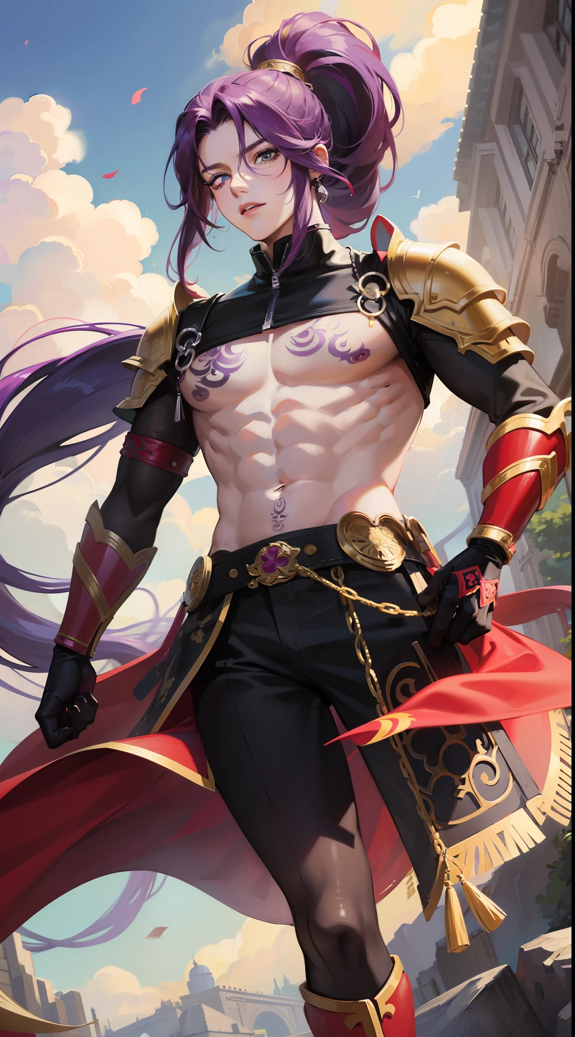 Grown-up guy, long purple hair, Part of the hair is gathered in a high ponytail, Heterochromia, The left eye is purple, Red right eye, The Monkey King's Armor, open torso, lots of tattoos, clouds beneath your feet, Masterpiece, hiquality, 4k, HD, Good detail