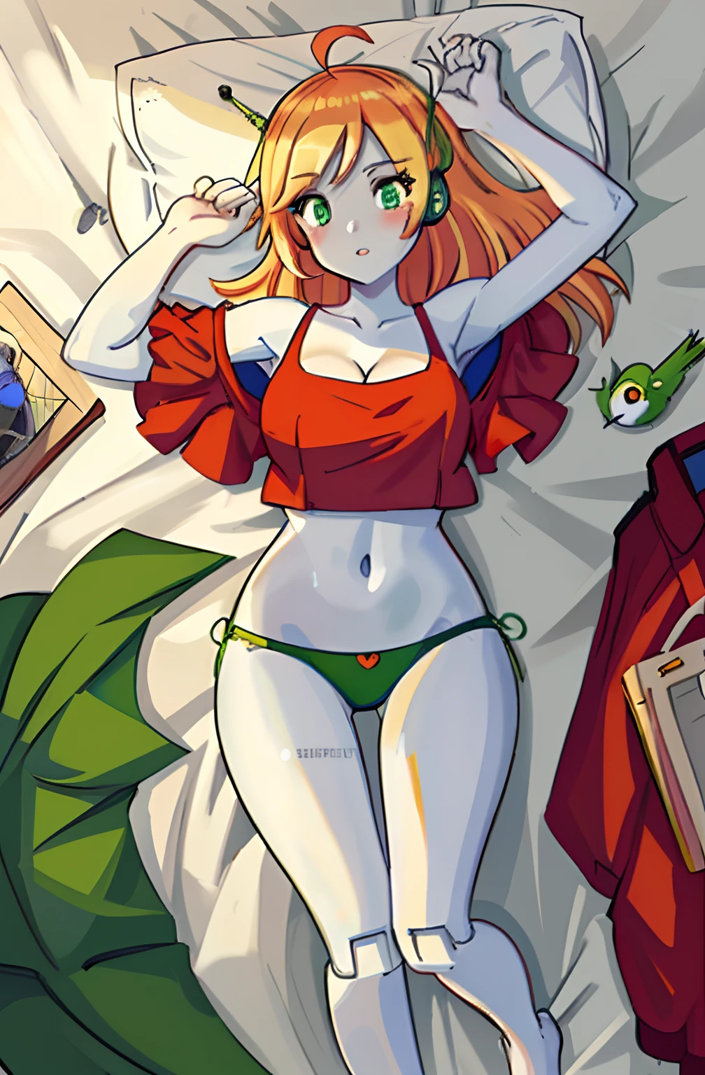[curly brace], [uploaded to e621.net: (wamudraws), (napalm_express)], ((masterpiece)), ((full body)), ((bird's-eye view)), ((solo portrait)), ((cute)), ((High definition)), ((anime)), ((detailed shading)), ((beautiful render art)), {android; (white robotic skin), (blushy cheeks), cute green eyes, long blonde hair, short eyelashes, (expressionless), (sleepy), (white teeth), (curvaceous hips), (beautiful lips)}, {(off-shoulder red top), (midriff), (cleavage), (green panties), (barefoot), (green antenna on ears)}, {(laying on bed), (looking at viewer), (head on pillow), (laying on back), (parted legs)}, [Background; (bedroom), (window), (cloudy), (sunset), (orange sky), (sun rays)]