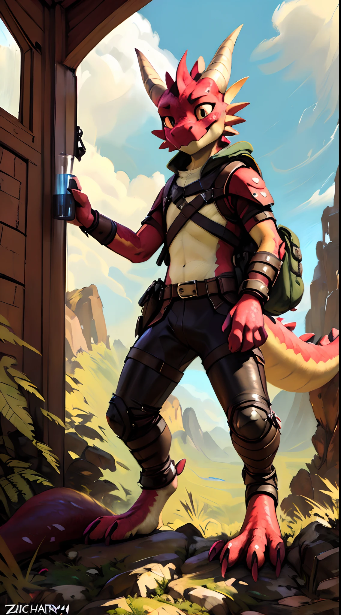 (((by Zackary911, by Kenket, by Kilinah))), solo male (((Kobold)), (detailed kobold)) wearing leather armor, muscular toned, squirrel ears, kobold tail, messy hair, front view, looking at the observer with an embarrassed smile, blush, holding  a cup of juice, perspective, finely detailed paws, adventure backpack, knifes