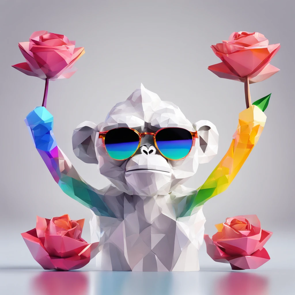 Perfect alignment, Monkey,Crystal vases,Rose flower, wearing sunglasses, cheerfulness, Standing position, abstract beauty, centered, looking at the camera, facing the camera, On the way to perfection, dynamic, Highly detailed, Smooth, sharp-focus, 8K, high-definition resolution, illustartion, art by Carne Griffiths and Wadim Kashin, whitebackground, rainbow