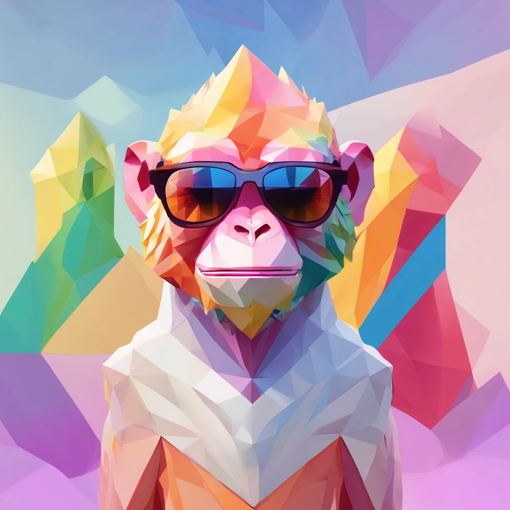 Perfect alignment, Monkey,Crystal vases,Rose flower, wearing sunglasses, cheerfulness, Standing position, abstract beauty, centered, looking at the camera, facing the camera, On the way to perfection, dynamic, Highly detailed, Smooth, sharp-focus, 8K, high-definition resolution, illustartion, art by Carne Griffiths and Wadim Kashin, whitebackground, rainbow