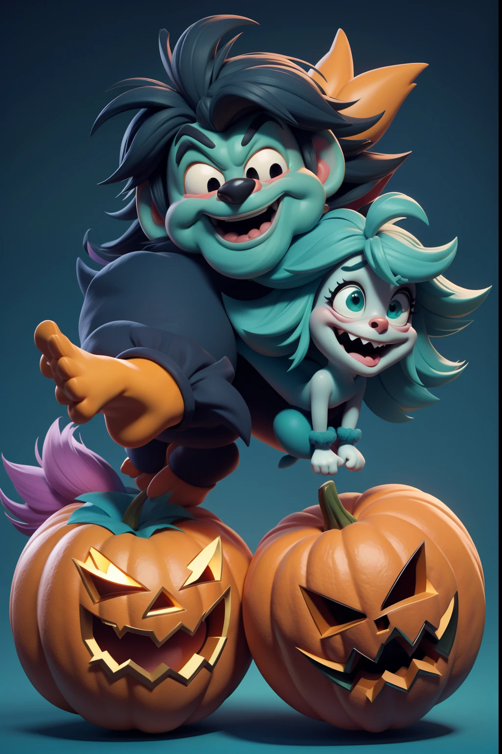 Happy Halloween! Funny cheerful wild shaggy characters in the style of the 3D cartoon Disney. Close-up. Blurred blue-green-red background. Light haze.
