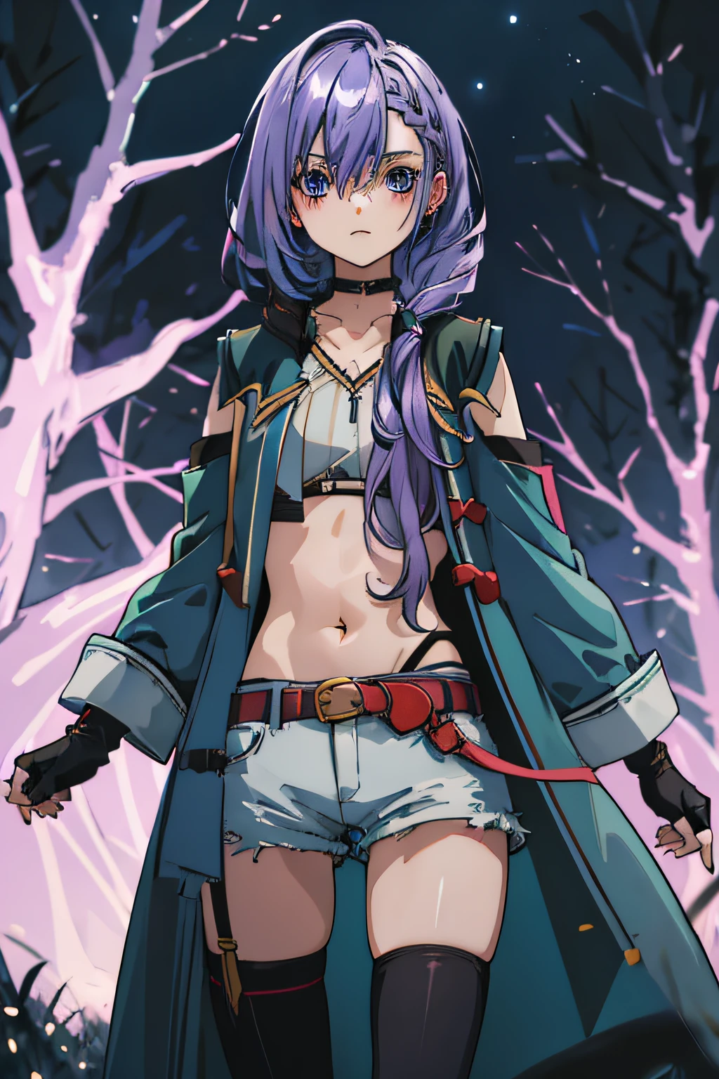 best quality, ((masterpiece)), highly detailed, outdoors, night, forrest,
1girl, Luna,
looking at the viewer, 
blue eyes, purple hair, braid, thighhighs, belt, open coat, navel, short shorts, fingerless gloves