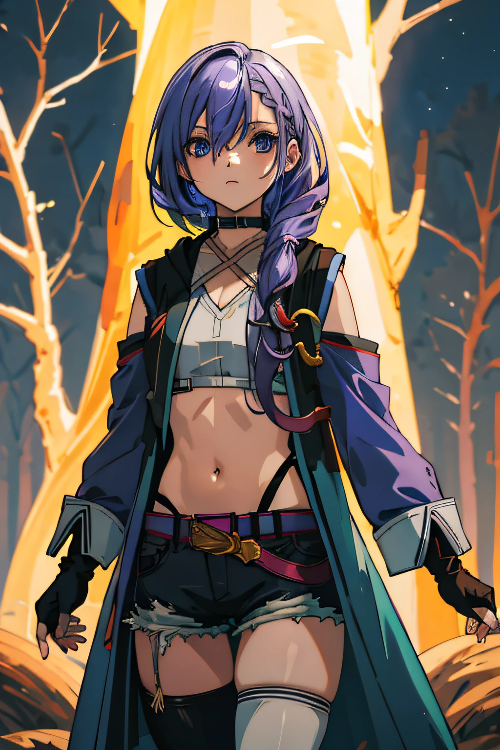 best quality, ((masterpiece)), highly detailed, outdoors, night, forrest,
1girl, Luna,
looking at the viewer, 
blue eyes, purple hair, braid, thighhighs, belt, open coat, navel, short shorts, fingerless gloves